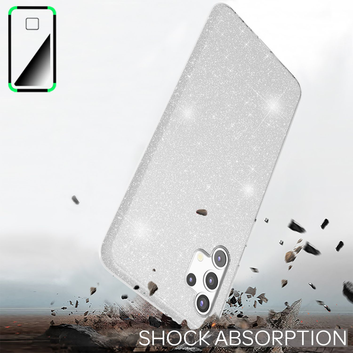Eine silberne Glitzer-Handyhülle wird gezeigt, mit den Worten 'SHOCK ABSORPTION' unten.