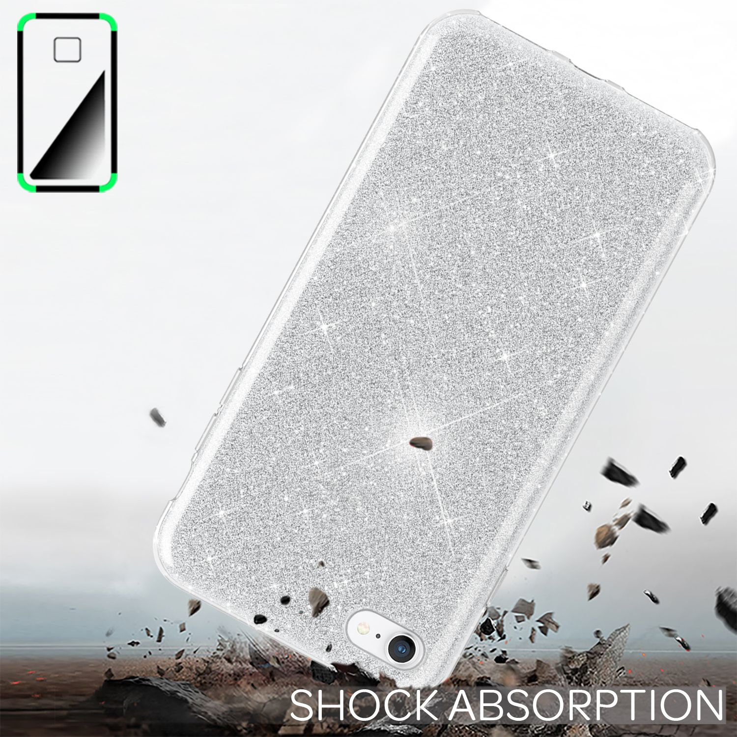Viene mostrata una custodia per telefono argentata con glitter, con le parole 'SHOCK ABSORPTION'.