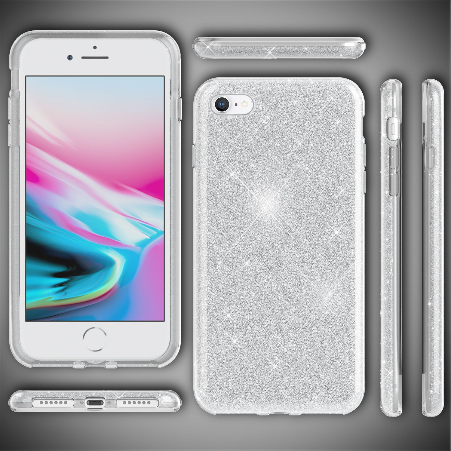 Set di custodie per telefono, include telefono e custodia con glitter. È mostrata la vista laterale.