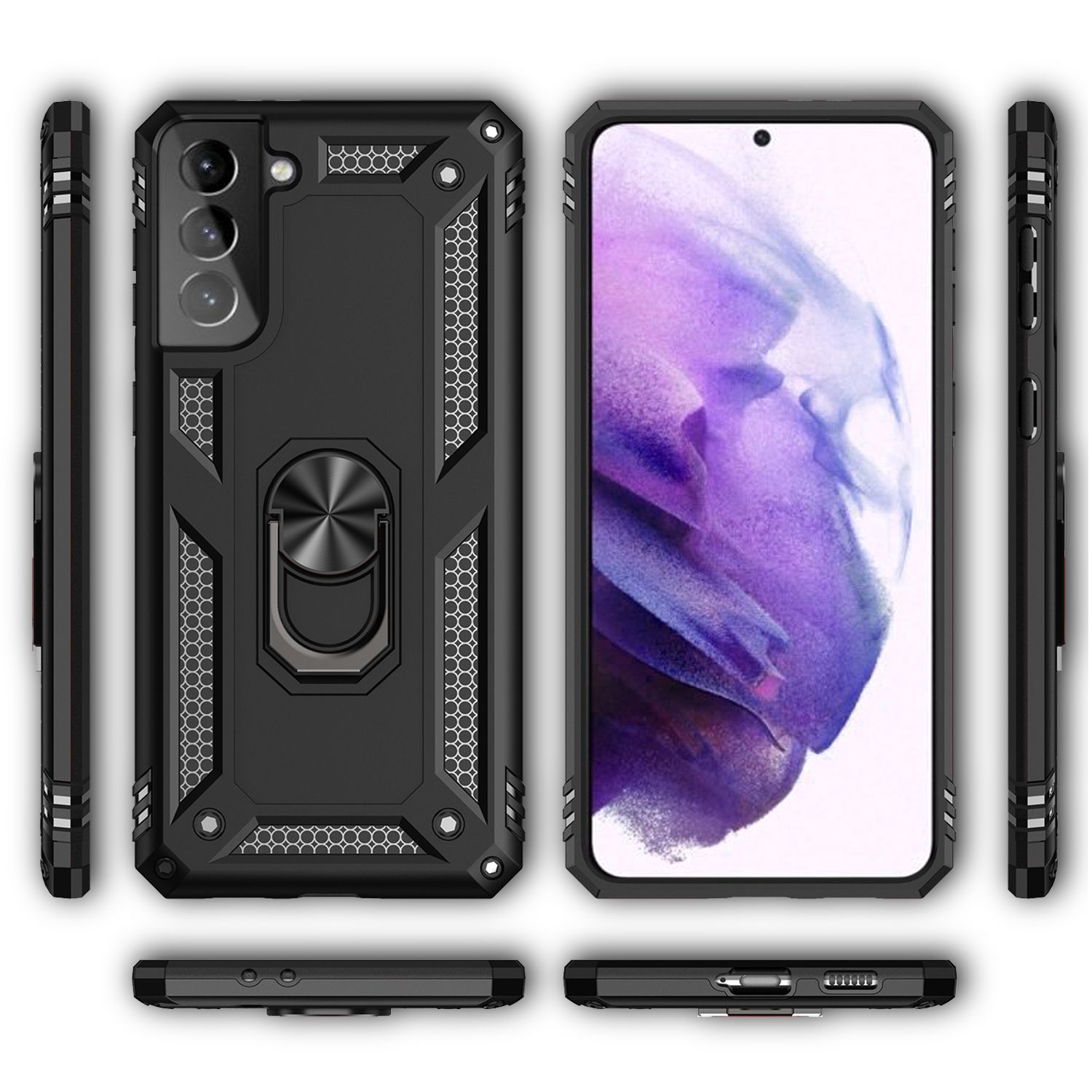 Schwarz-graues Handyhüllen-Set, inklusive Telefon. Die Hülle hat einen Ständer.