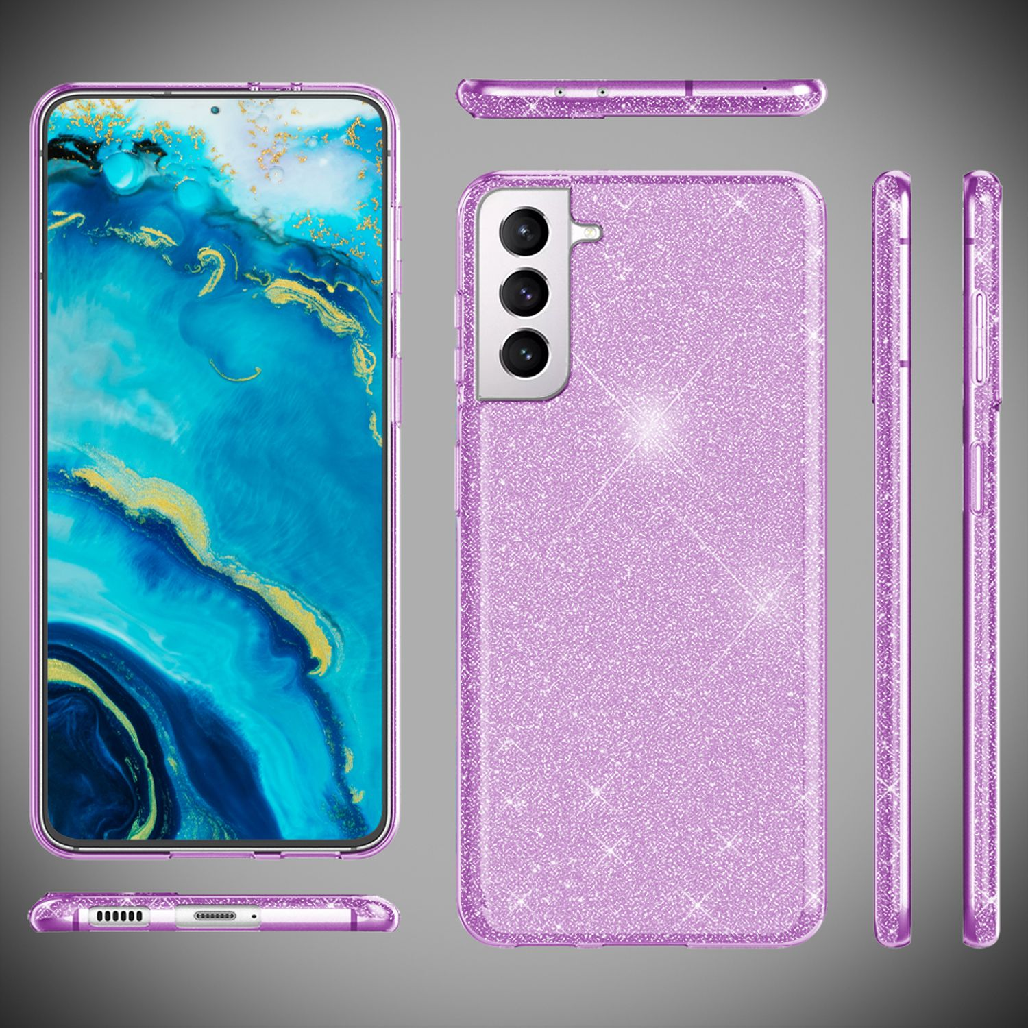 Custodia per telefono viola con un design glitterato. Visualizzazioni multiple. Ha una fotocamera e dei pulsanti.