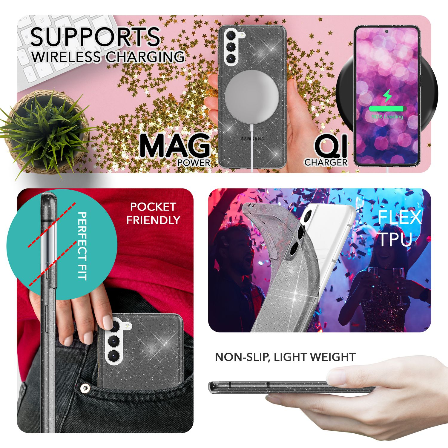 Eine Handyhülle mit Magnetkreis und Telefon. Text: Unterstützt kabelloses Laden, Mag Power und Flex TPU.