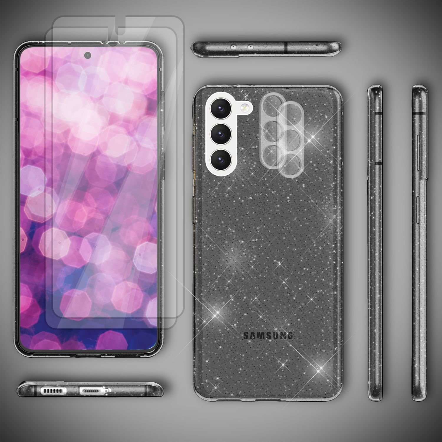 Glitzernde Handyhülle mit Displayschutz, zeigt das Telefon, Seitenansicht und die Hülle.