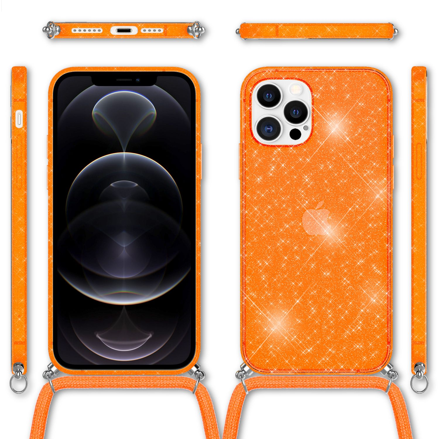 Orangefarbenes Telefon mit Riemen. Mehrere Ansichten des Telefons und seines Gehäuses. Glitzereffekt.