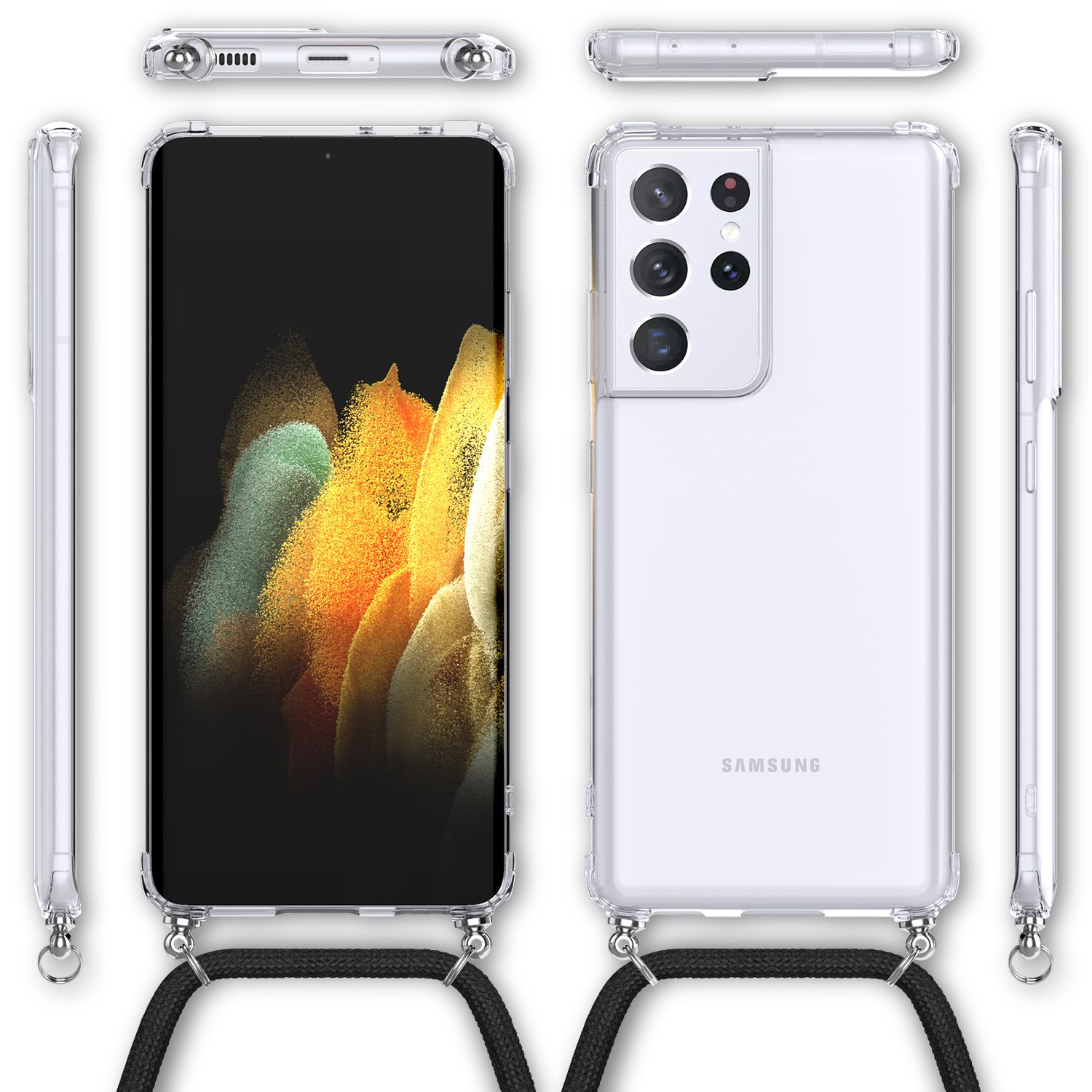 Transparente Handyhülle mit Lanyard. Telefon links und Rückansicht rechts.