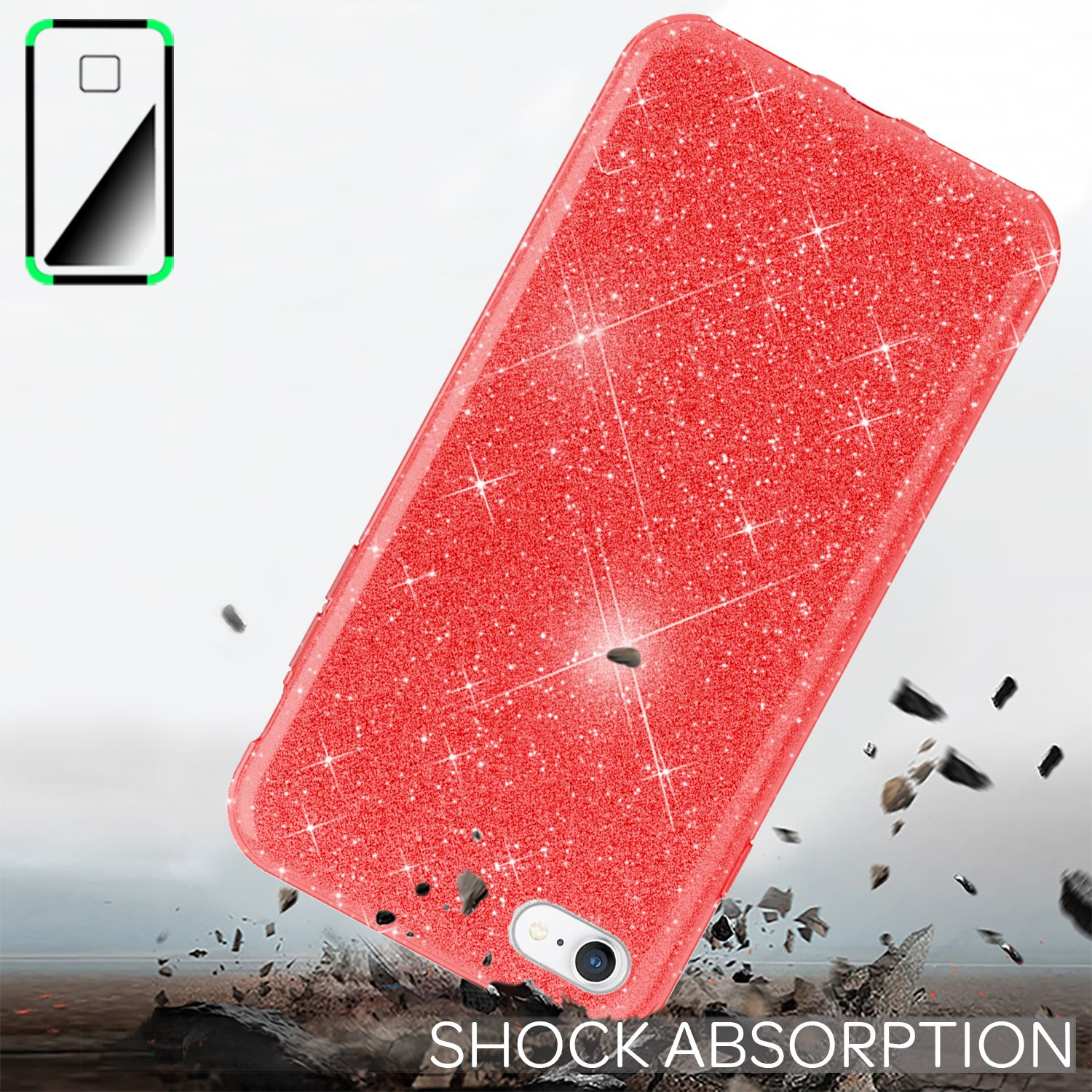 Custodia per telefono rossa glitterata che cade con rocce. Testo assorbimento urti sotto.