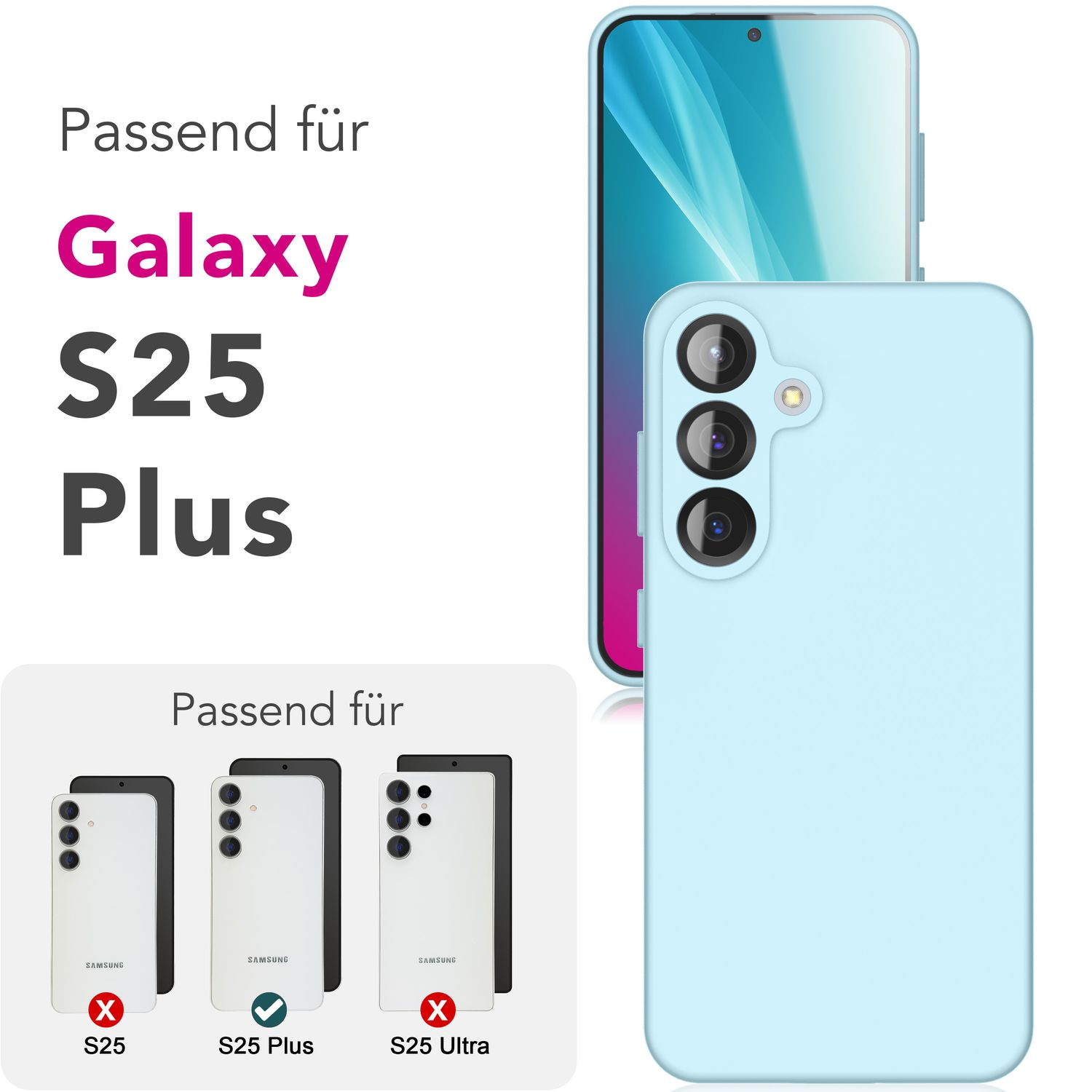 Eine hellblaue Handyhülle neben einem Handy, das ein hellblaues Handy zeigt, und zwei Handymodelle.
