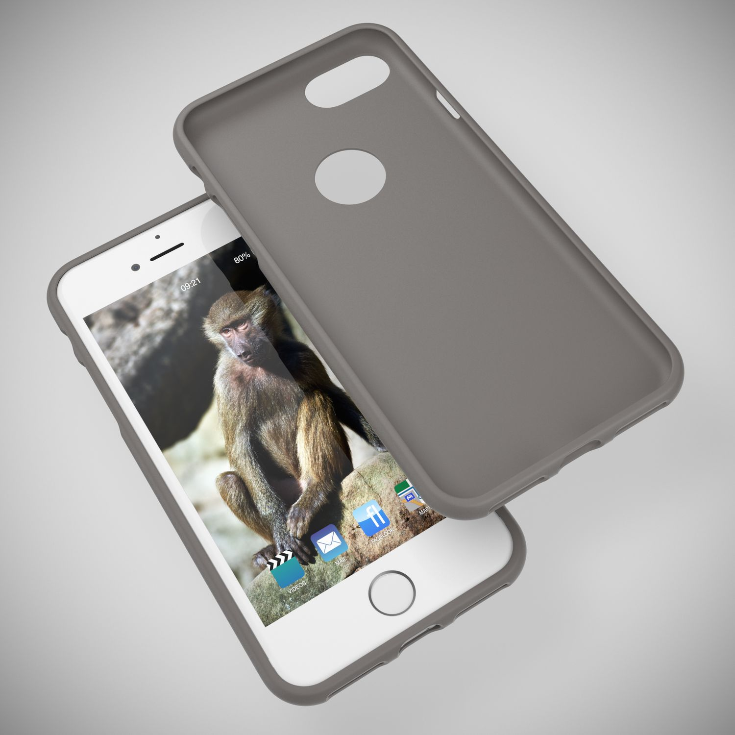iPhone mit Pavian-Hintergrundbild und grauer Hülle, Hülle leicht geöffnet.