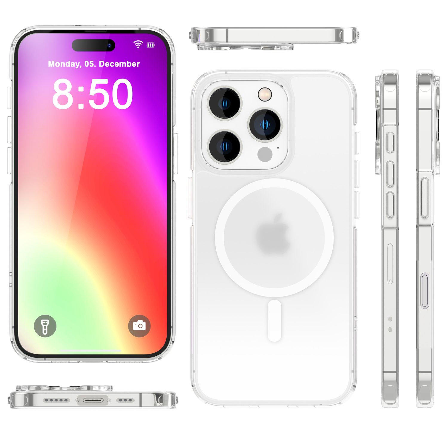 iPhone mit klarer Hülle. Das Telefon zeigt die Uhrzeit 8:50 Uhr an. Die Hülle hat einen MagSafe-Kreis und Kameraausschnitte.
