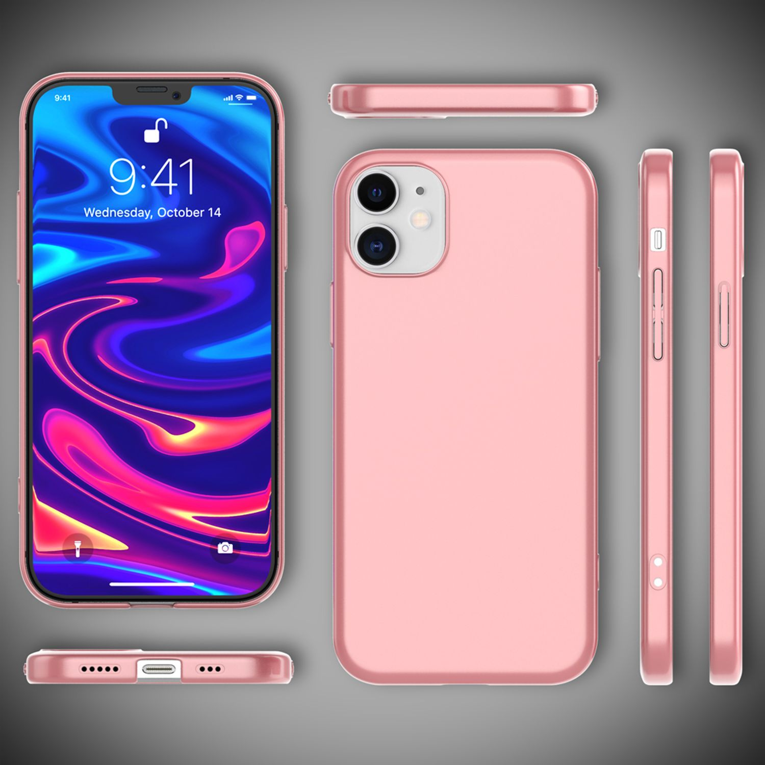 Eine rosa Handyhülle, mit einem Telefonbildschirm, der ein farbenfrohes, abstraktes Bild zeigt.