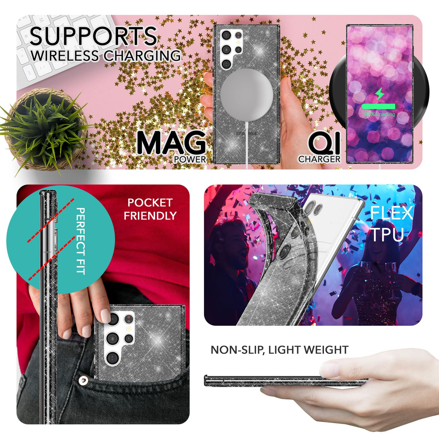 Collage von Handyhülle mit Glitzerdesign, kabellosem Laden und einer taschenfreundlichen Hülle.