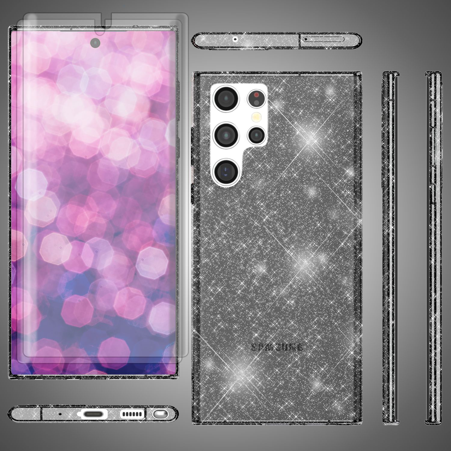 Telefon mit Hülle. Verschiedene Winkel, zeigt Vorder-, Rück- und Seitenansicht. Glitzer-Design. Grauer Hintergrund.
