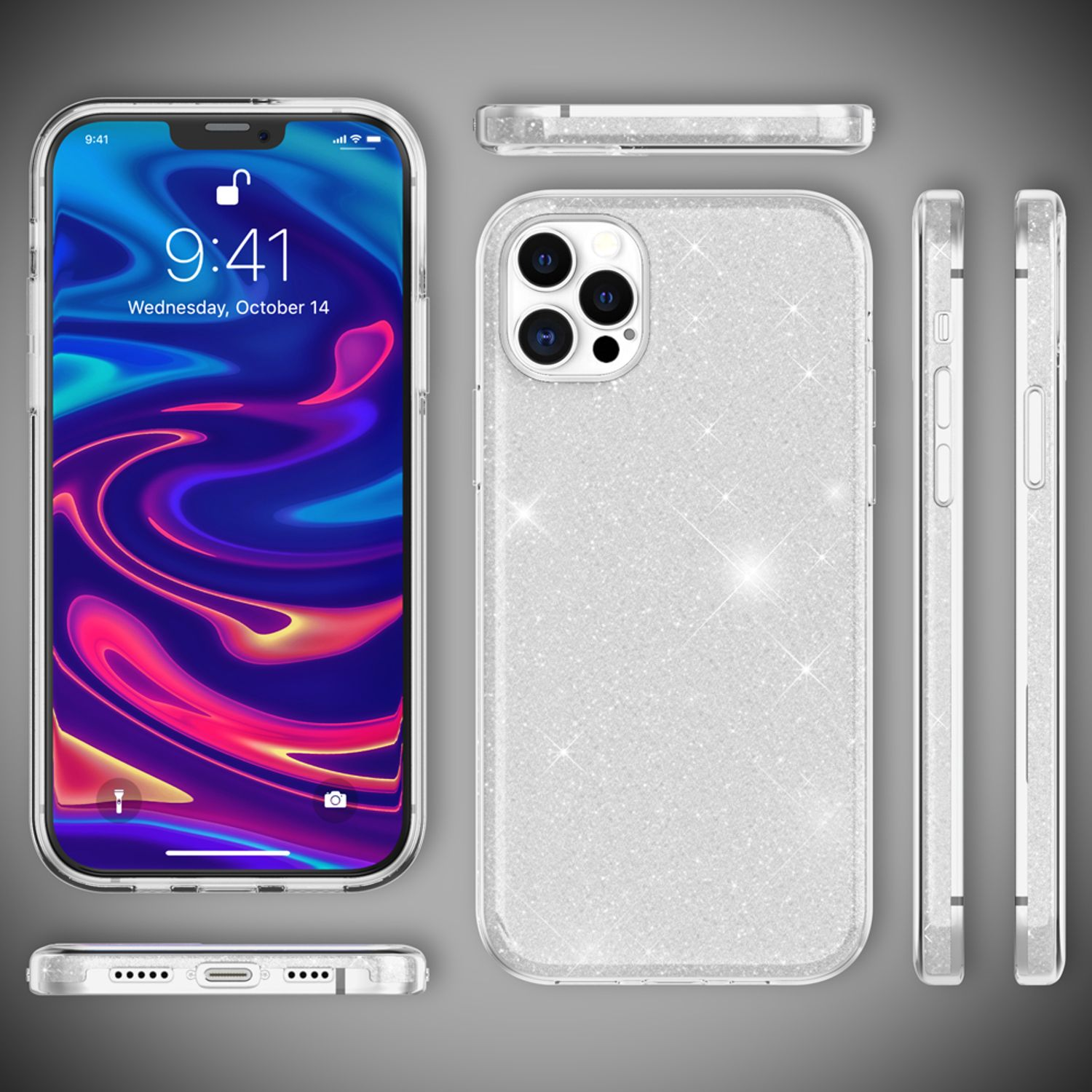 Telefon mit Hülle. Verschiedene Winkel, zeigt Vorder-, Rück- und Seitenansicht. Glitzer-Design. Grauer Hintergrund.
