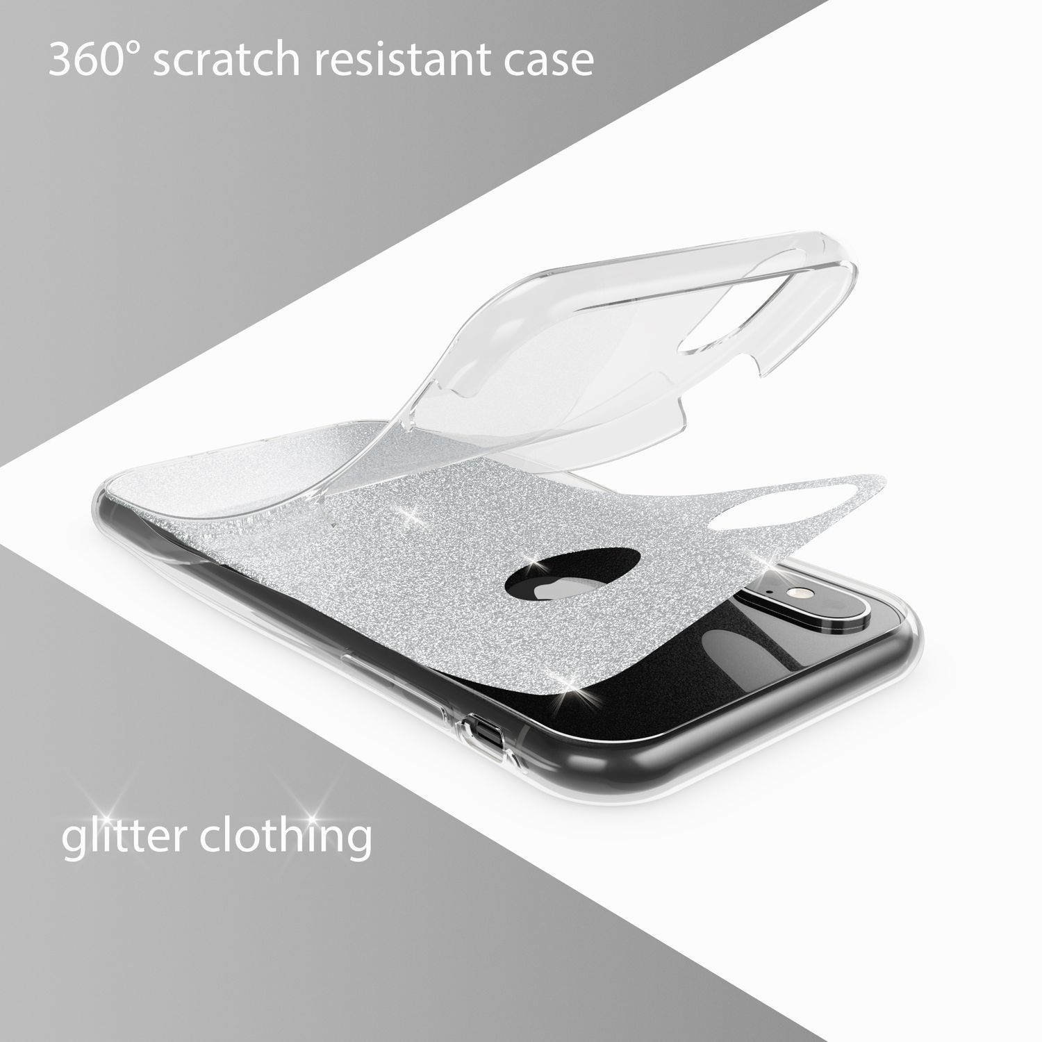 Transparente Handyhülle mit Glitzer-Kleidung. Oberteil vom Telefon getrennt.