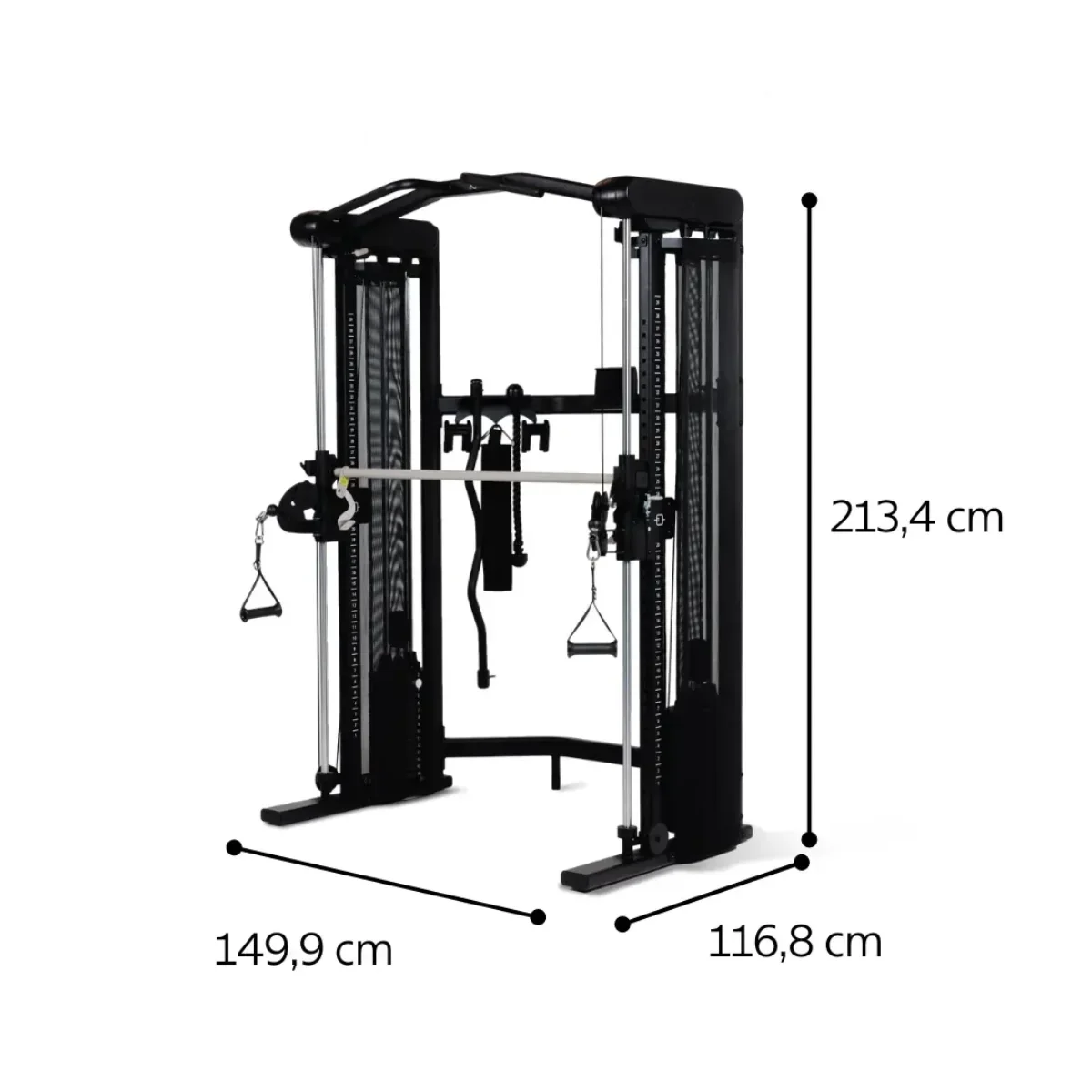 Schwarze Fitnessmaschine mit den Maßen: 149,9 cm breit, 213,4 cm hoch und 116,8 cm tief.