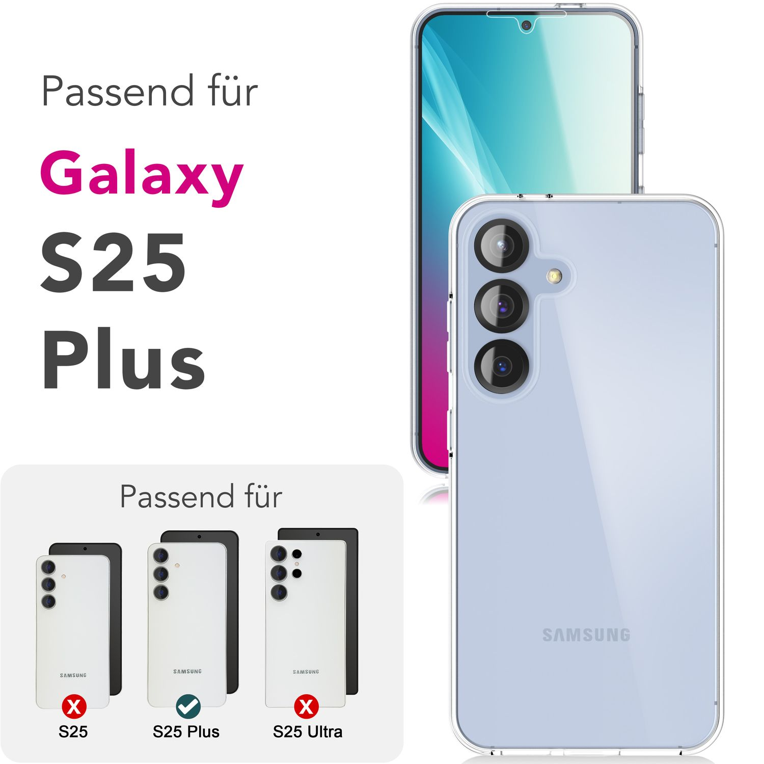 Handyhülle mit Text für Galaxy S25 Plus und Illustrationen von Telefonen. Die Marke Samsung wird gezeigt.