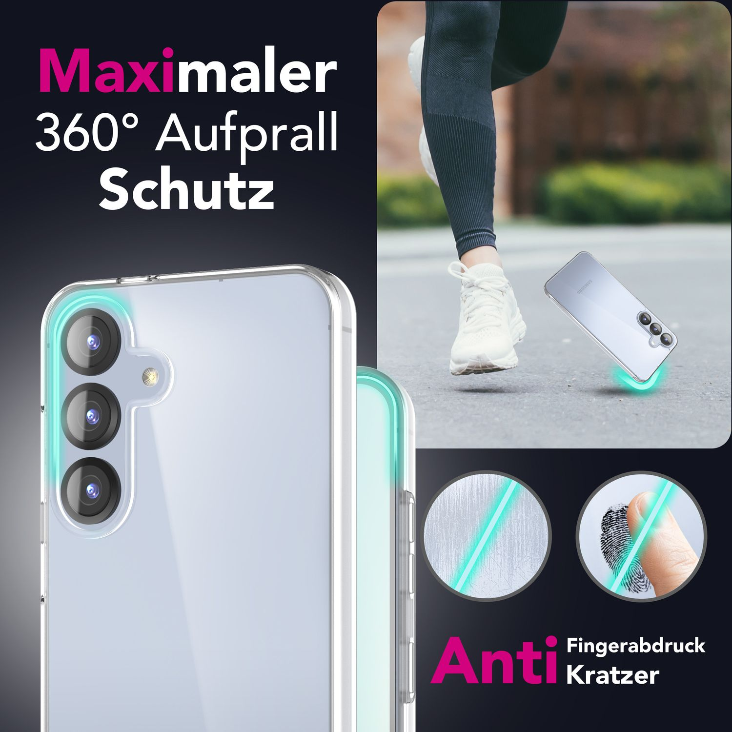 Eine Handyhülle wird mit einem Handy und den Beinen einer rennenden Person gezeigt. Die Hülle ist auf dem Handy.