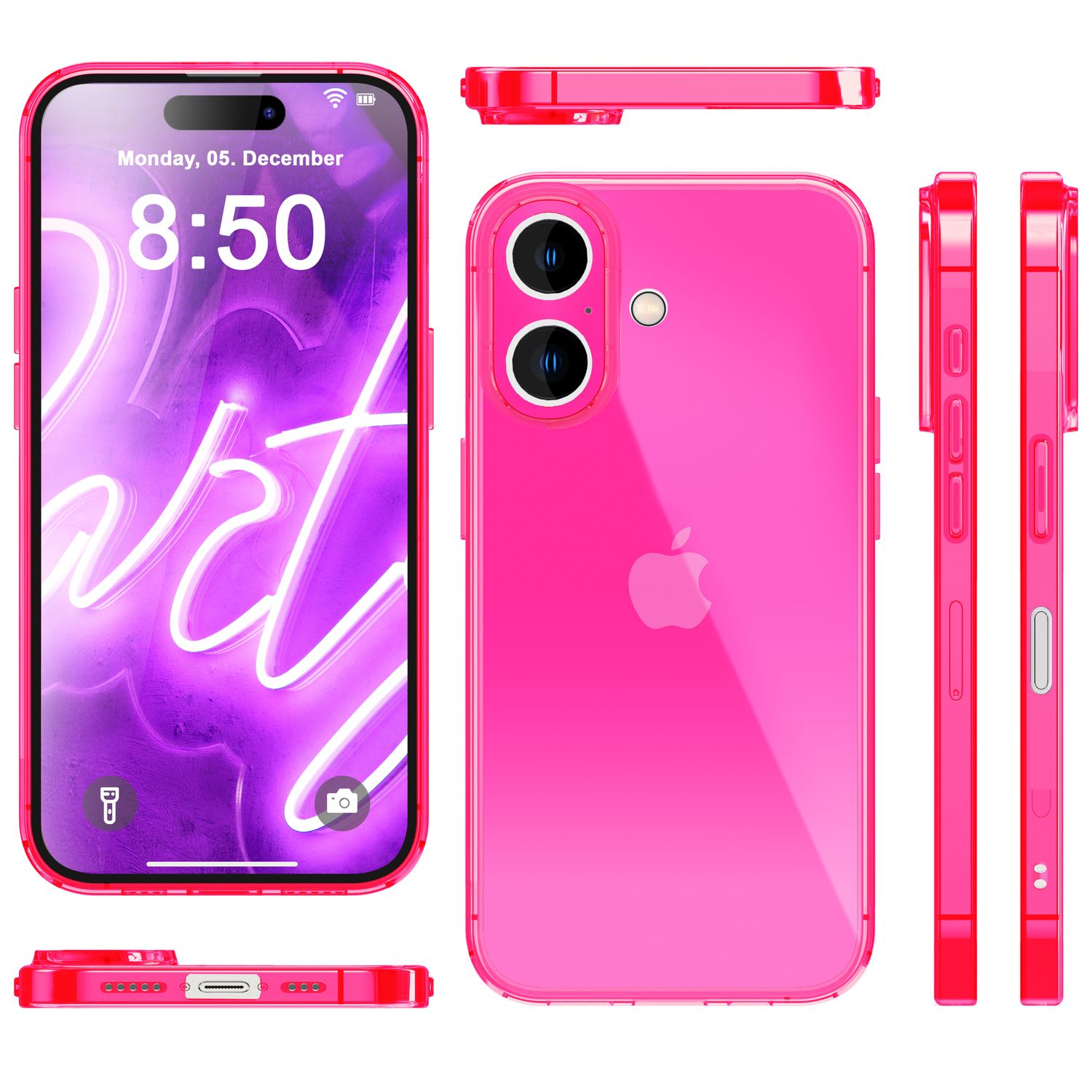 Pinkfarbene Handyhülle mit Telefon, Bildschirm sichtbar, verschiedene Perspektiven.