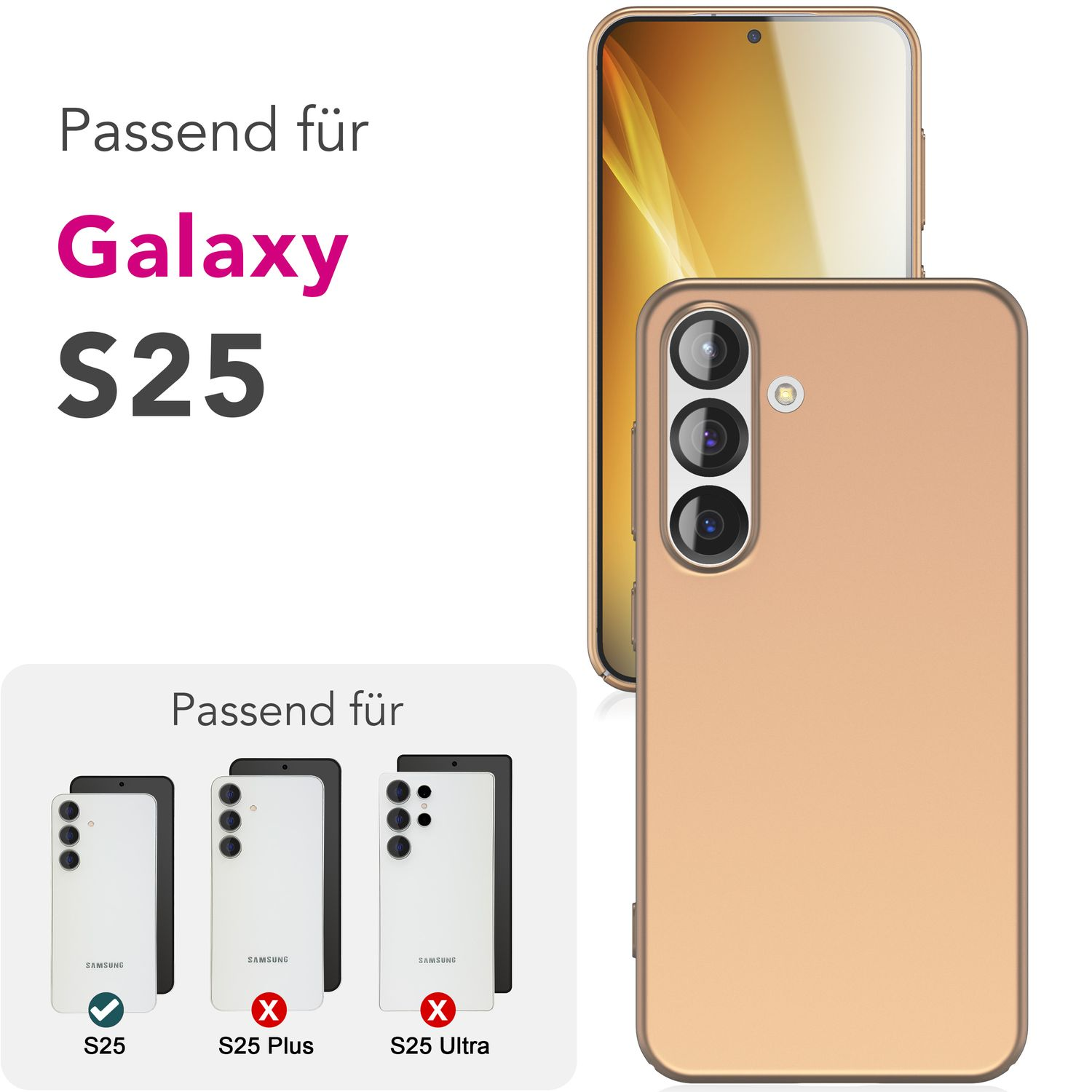 Eine goldene Handyhülle mit einem Telefon darin. Text sagt Galaxy S25.