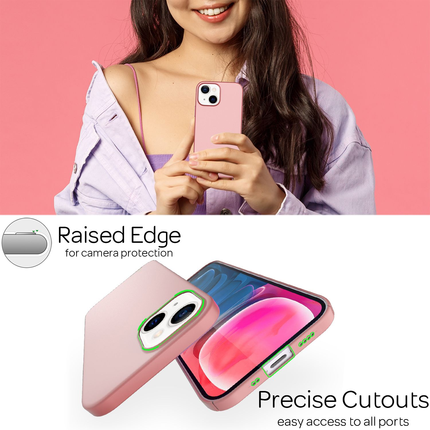 Una mujer sosteniendo un teléfono con una funda rosa. Se muestran la funda y el teléfono.