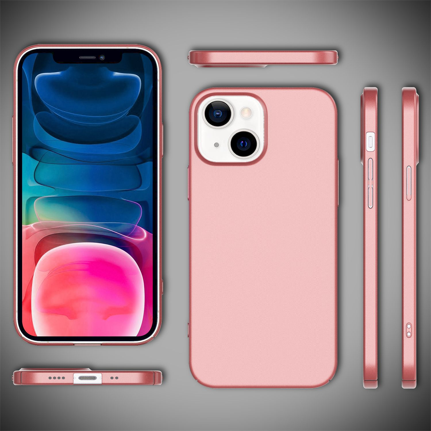 Funda rosa para teléfono. Múltiples vistas. La pantalla muestra una imagen azul.