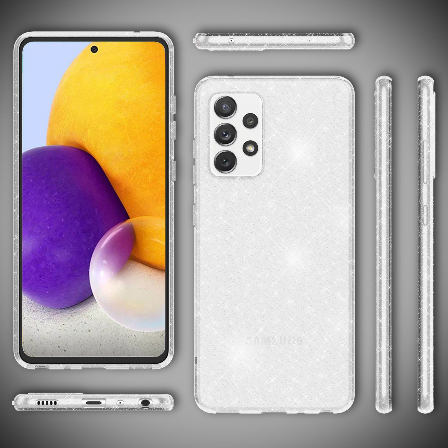 Handyhüllen-Set mit dem Telefon darin. Die Hülle ist transparent mit Glitzer und das Telefon hat einen bunten Hintergrund.