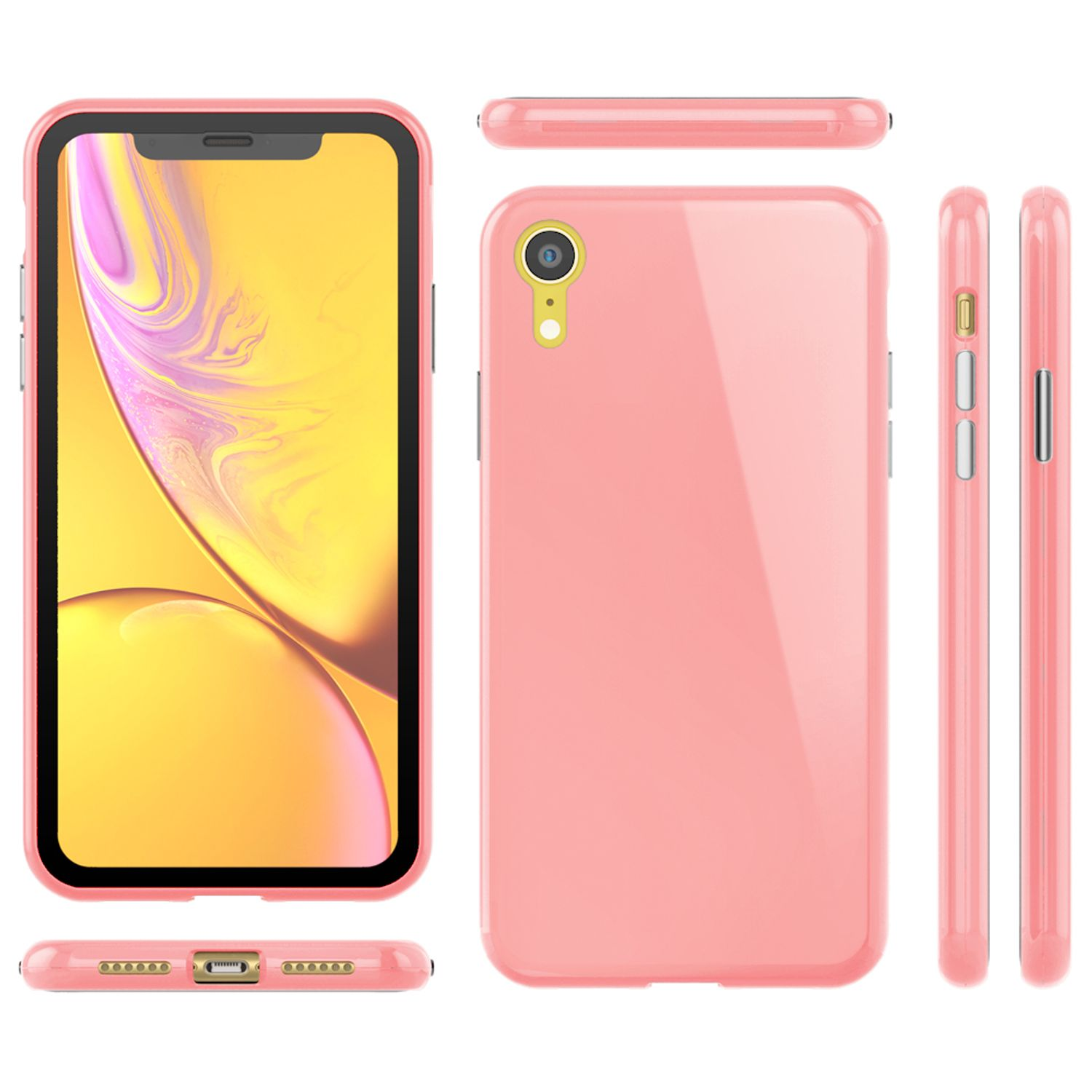Eine pinke Handyhülle mit einem Telefon darin. Mehrere Ansichten.