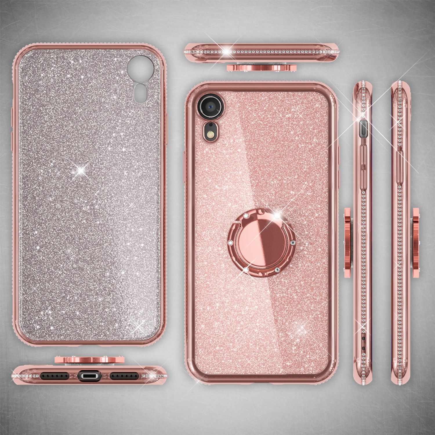 Roségoldenes Handycase mit Glitzer. Mehrere Ansichten.