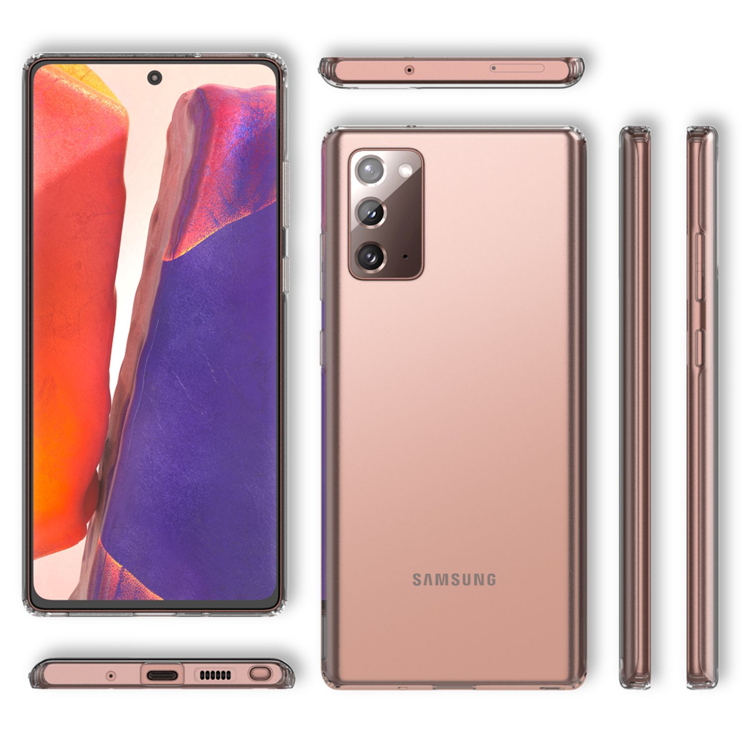 Transparente Handyhülle und roségoldenes Telefon. Seitenansichten zeigen Tasten und Kamera.