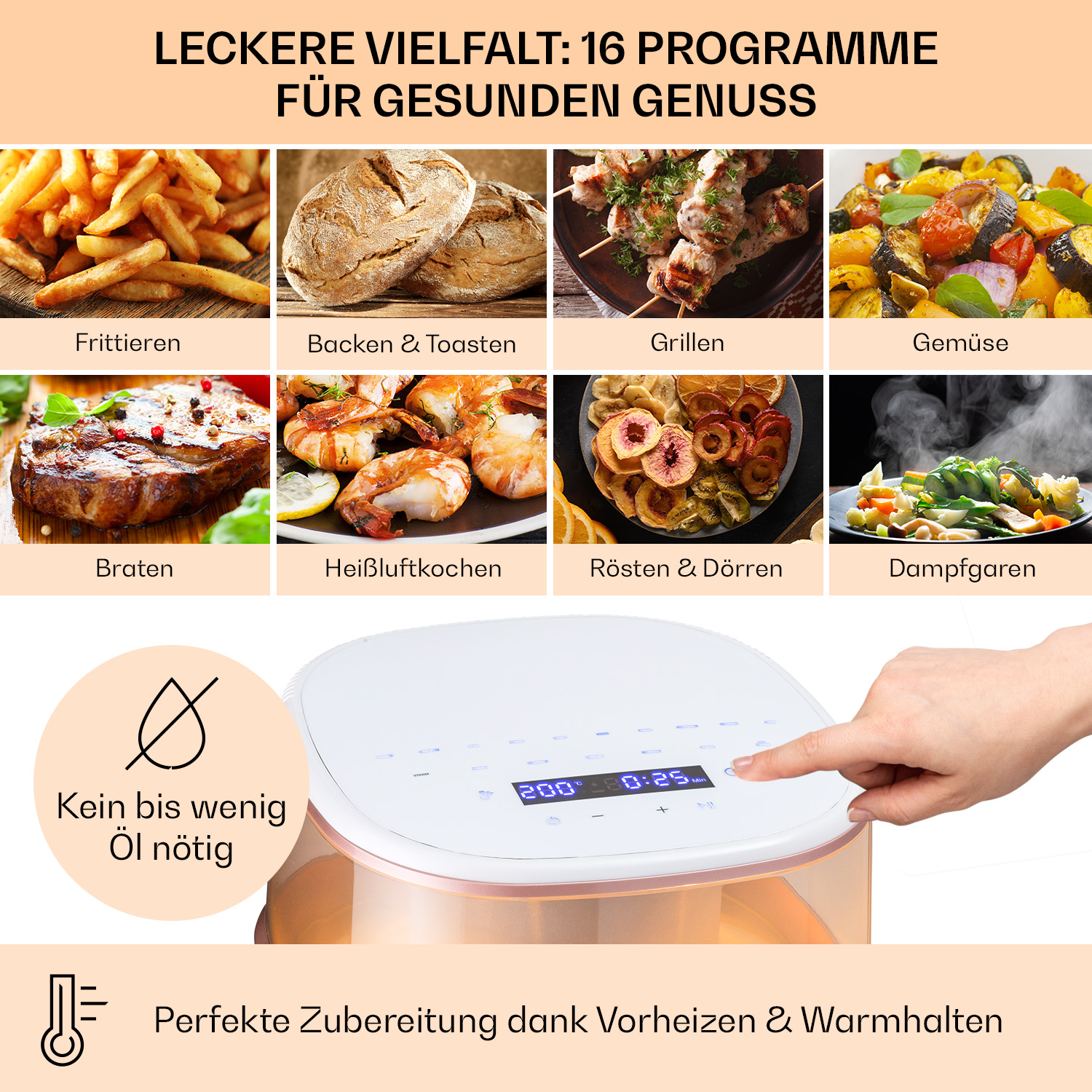 Primo piano di una friggitrice ad aria con pannello di controllo. Viene visualizzato il testo sulla preparazione del cibo.