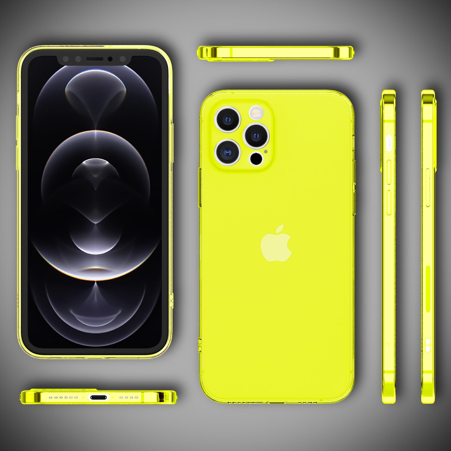 Gelbe Handyhülle und Handy, zeigt mehrere Winkel, auf grauem Hintergrund.