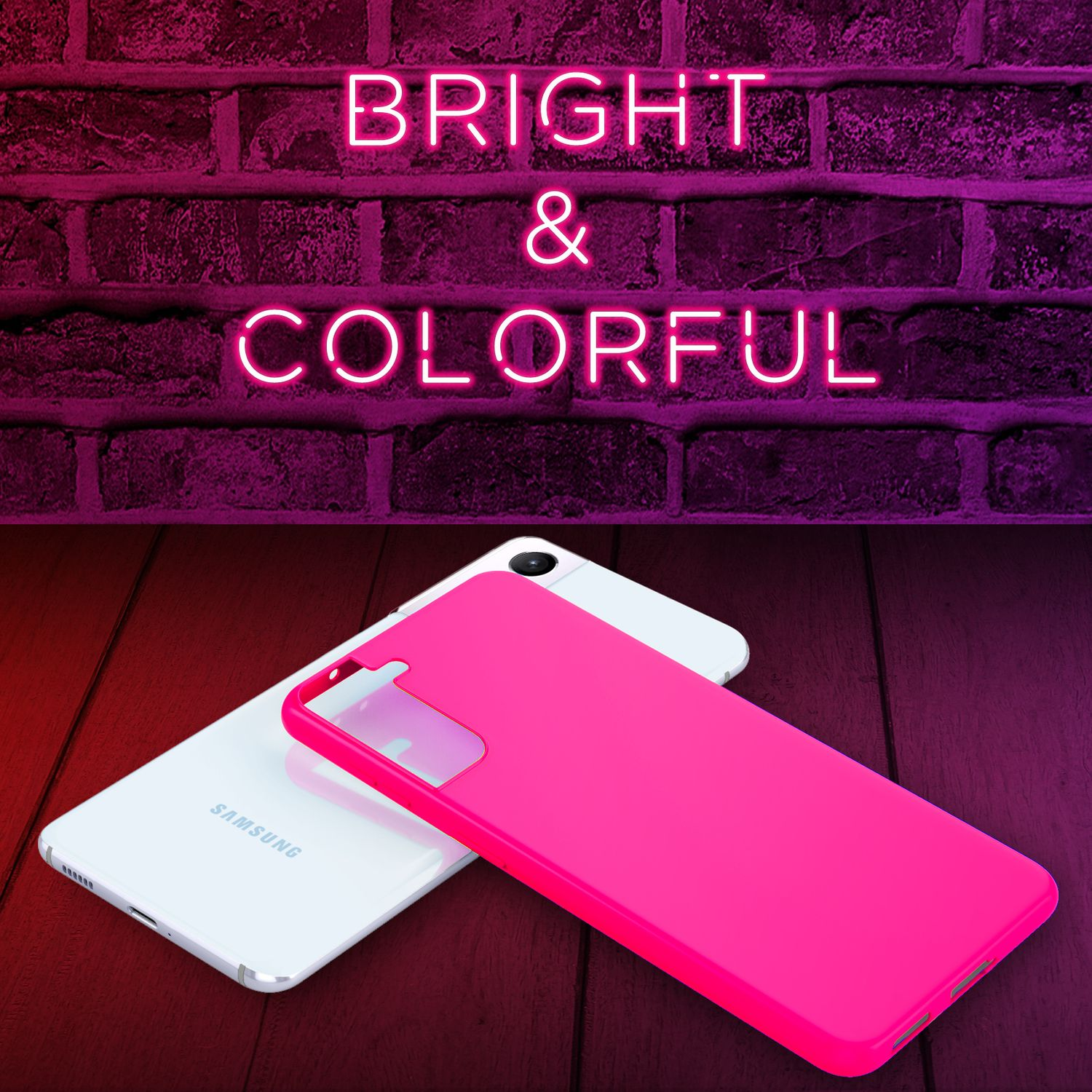 Custodia rosa brillante con telefono bianco, insegna al neon "LUMINOSO & COLORATO".