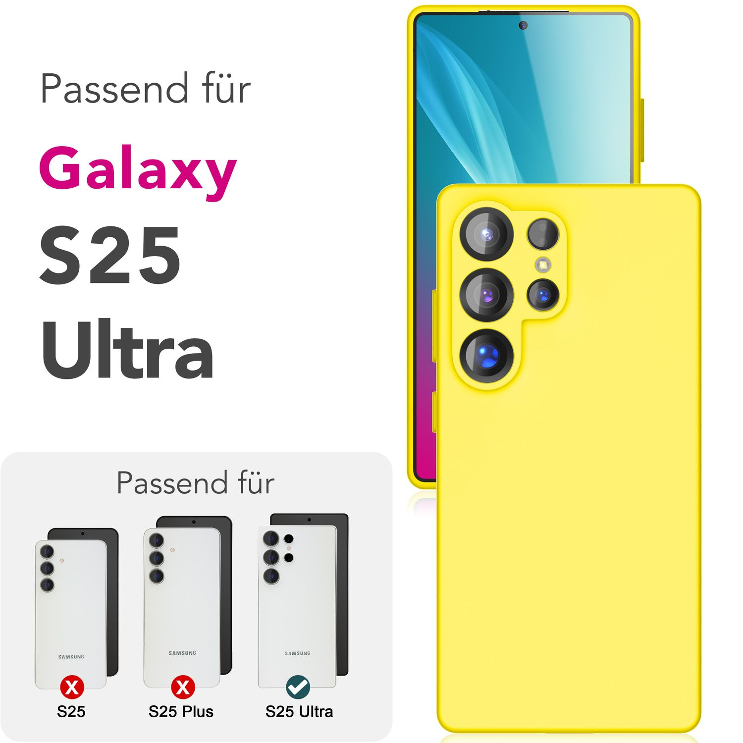 Gelbe Handyhülle und Handy, zeigt mehrere Winkel, mit Text über Galaxy S25 Ultra.