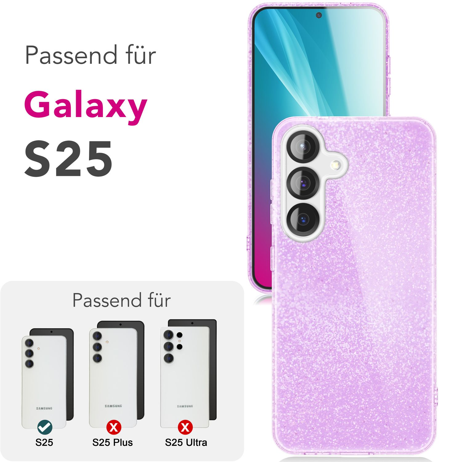 Eine lila Glitzer-Handyhülle und ein Telefon mit Dreifachkamera. Die Hülle ist für Samsung Galaxy S25.