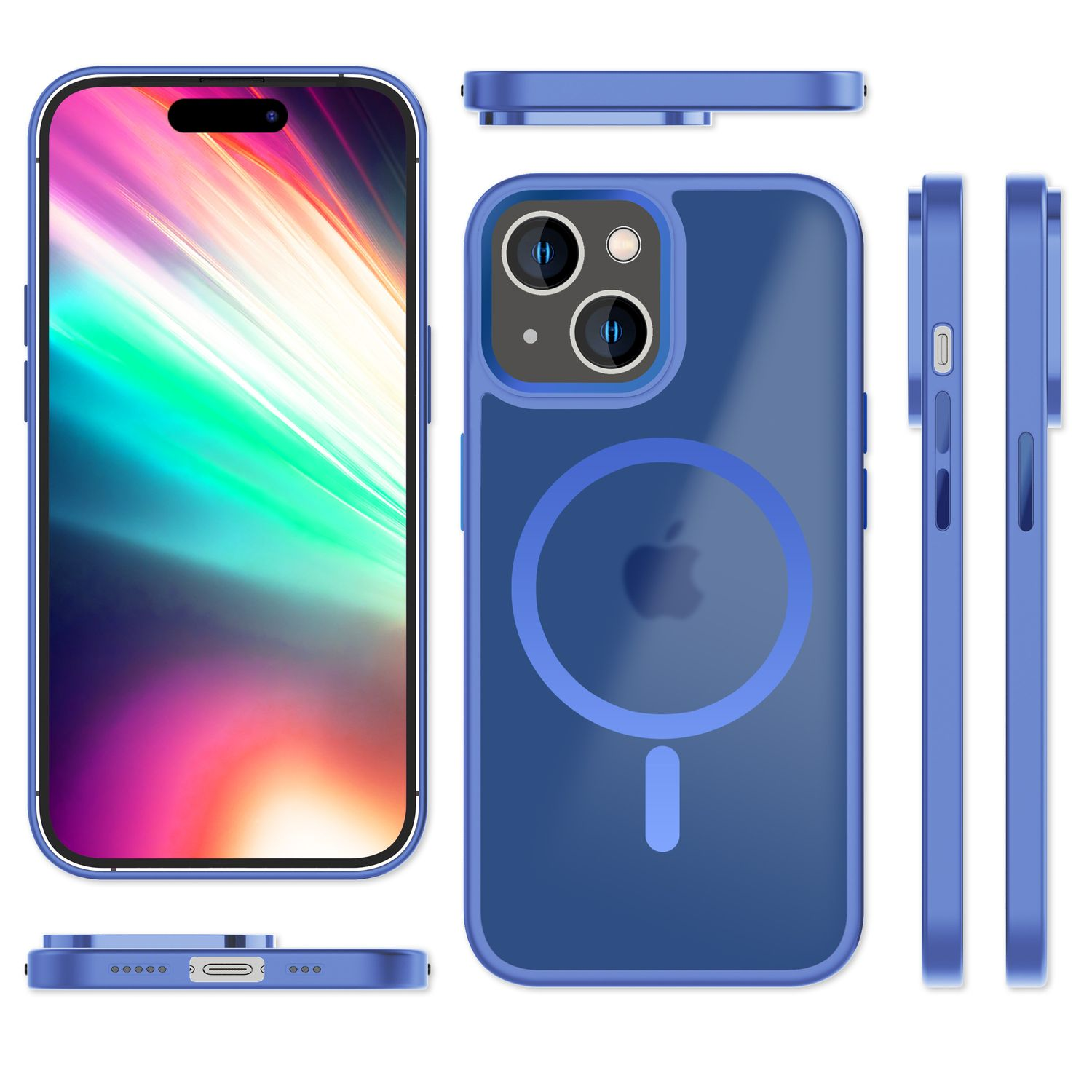 Coque de téléphone bleue pour smartphone, avec plusieurs vues. Comprend des découpes de caméra et un anneau de charge.