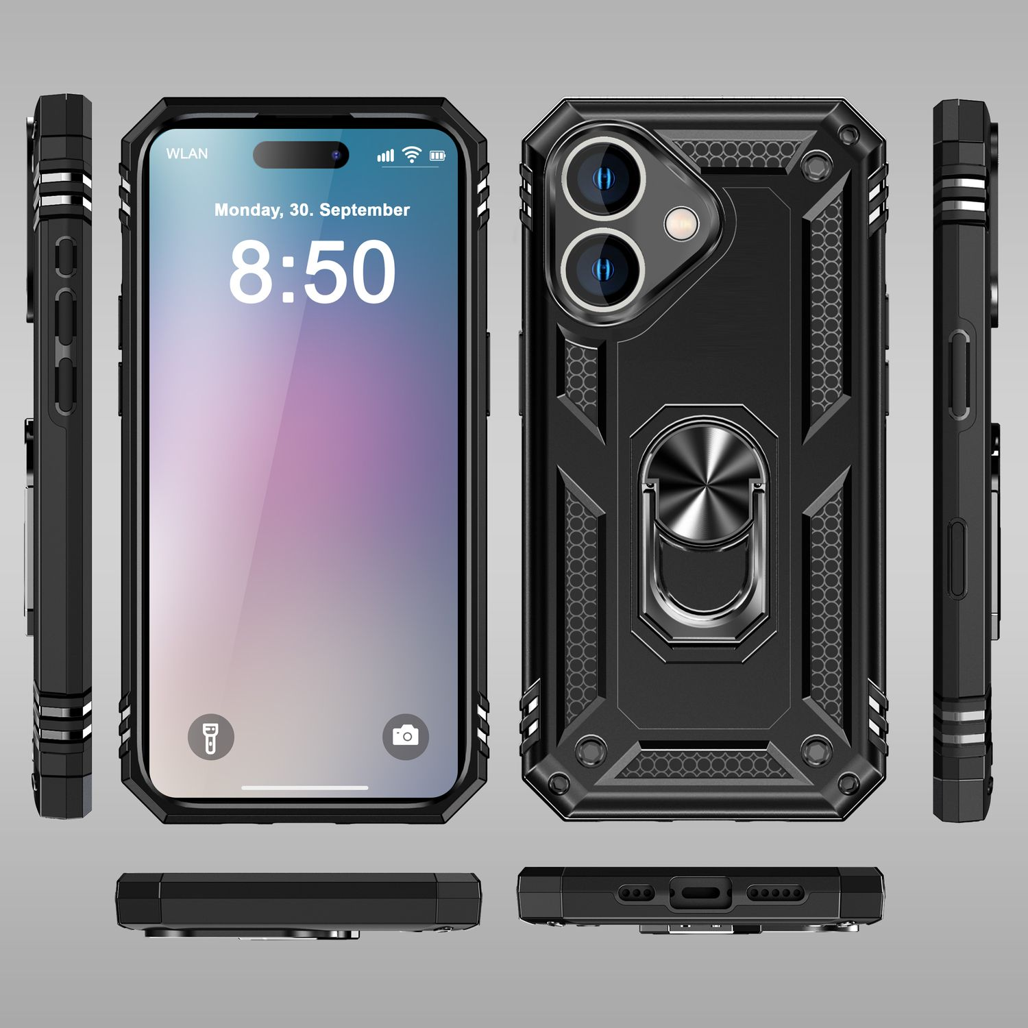 Eine schwarze Handyhülle mit einem Ringhalter. Auf dem Telefon werden Datum und Uhrzeit angezeigt. Mehrere Ansichten gezeigt.