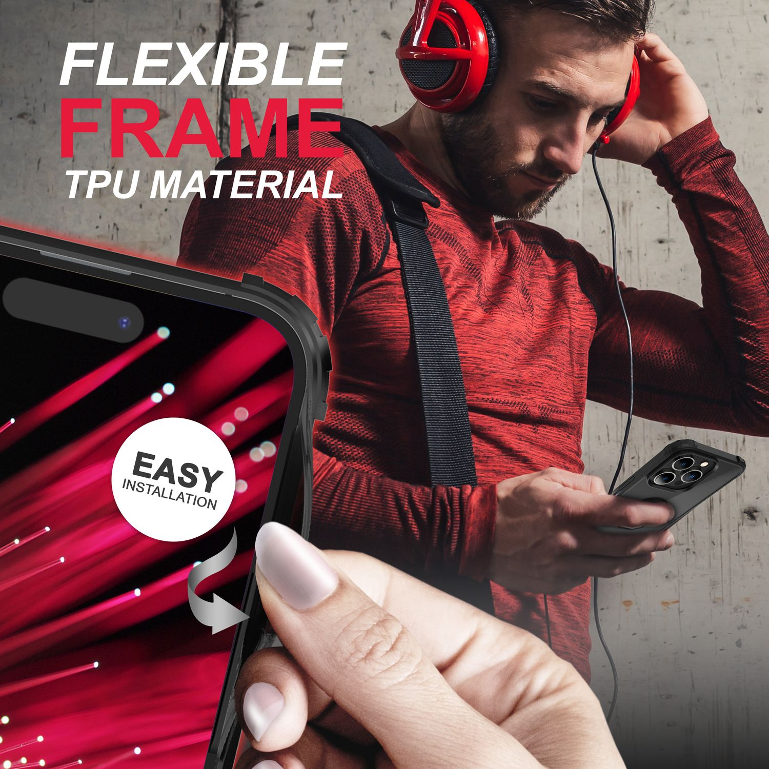 Hombre con auriculares sosteniendo un teléfono en una funda, con texto sobre la instalación.