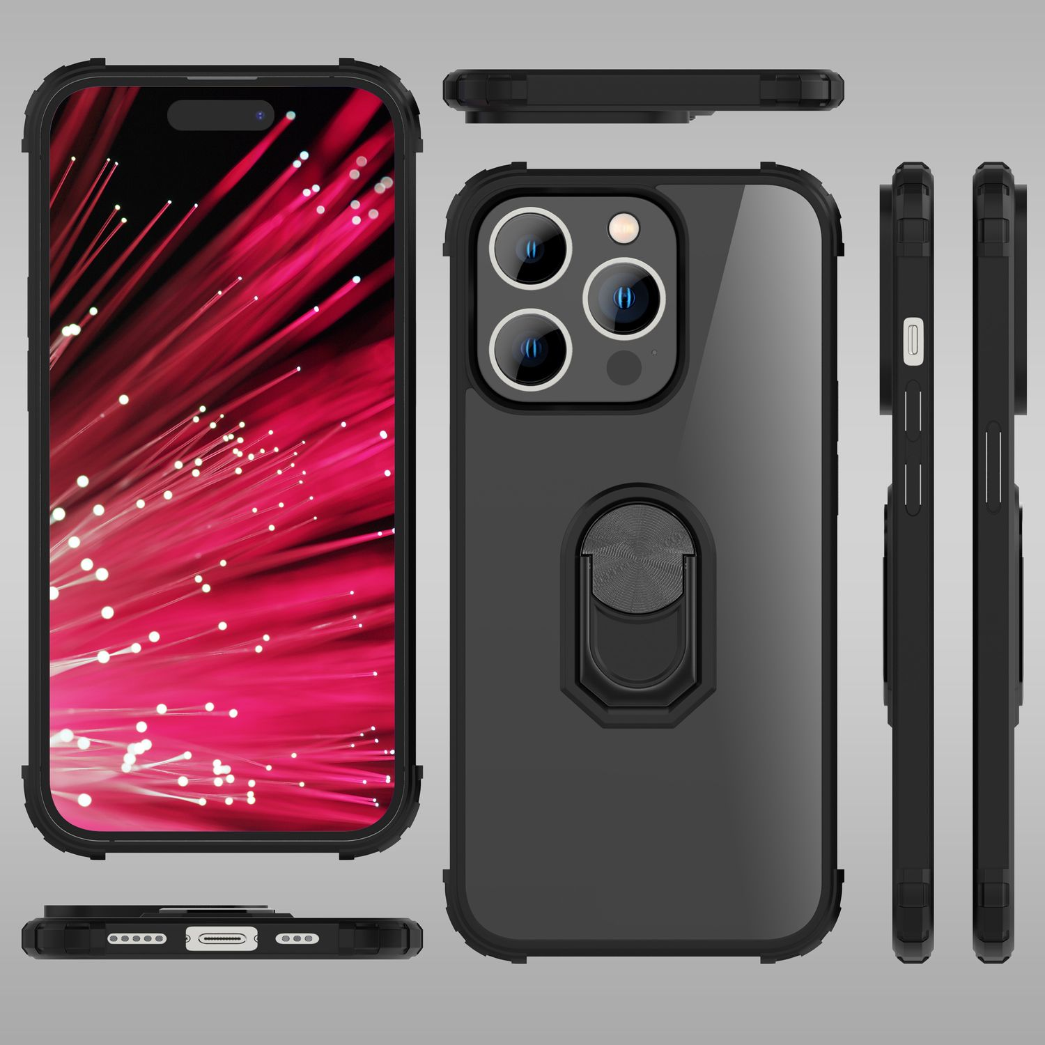 Una funda negra para teléfono con soporte de anillo, múltiples orificios para cámara y una parte trasera transparente.