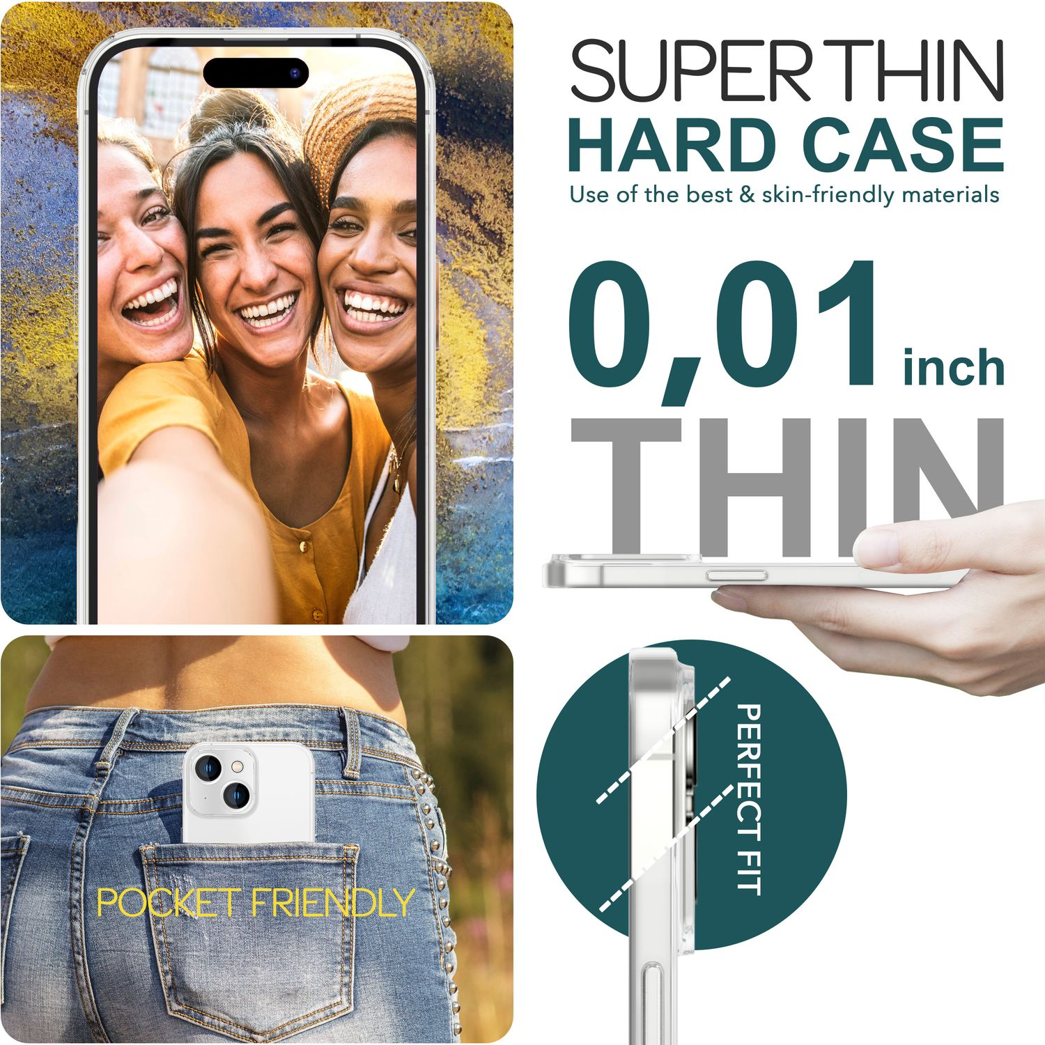 Téléphone dans un étui, photos de femmes et téléphone dans la poche. Texte : Coque rigide super fine.