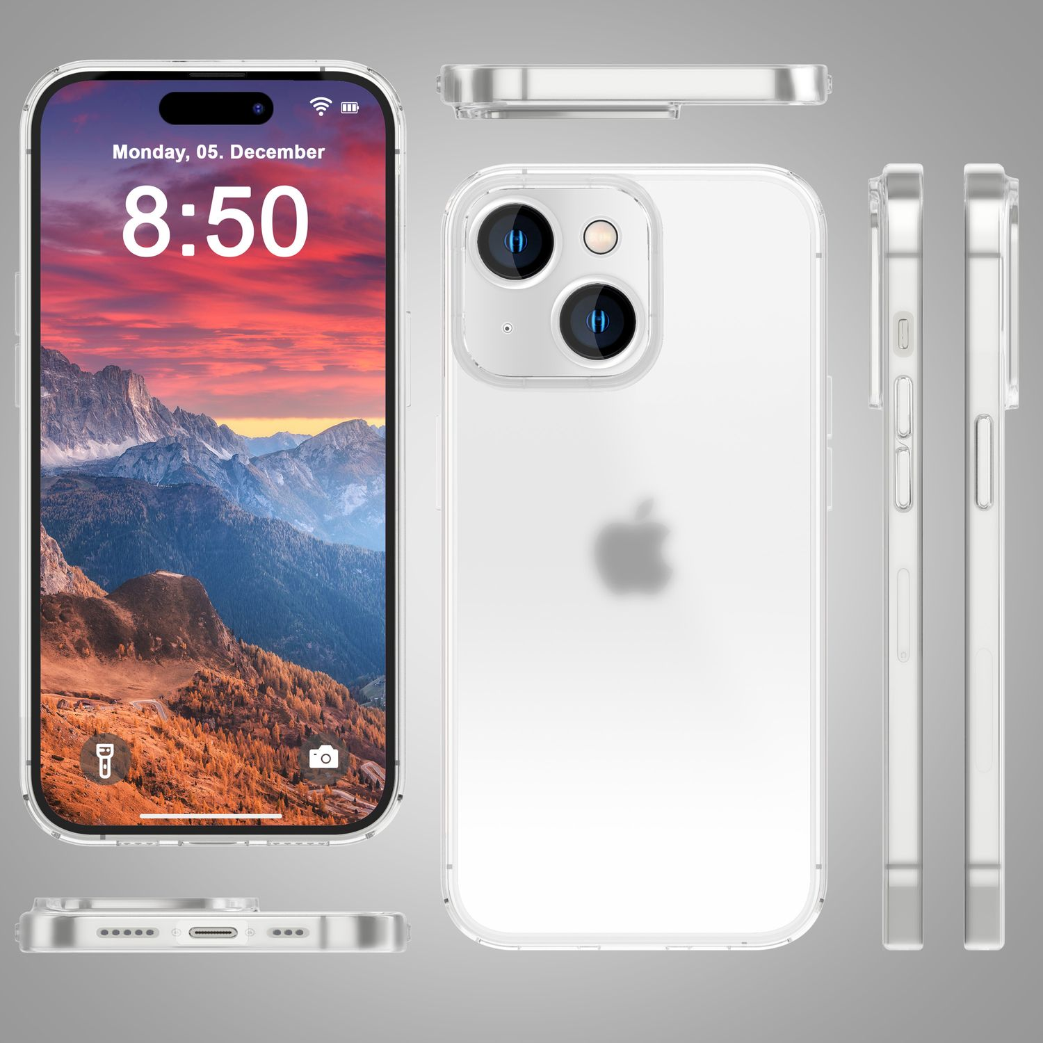 Un téléphone dans un étui transparent, montrant les vues avant, arrière et latérales.