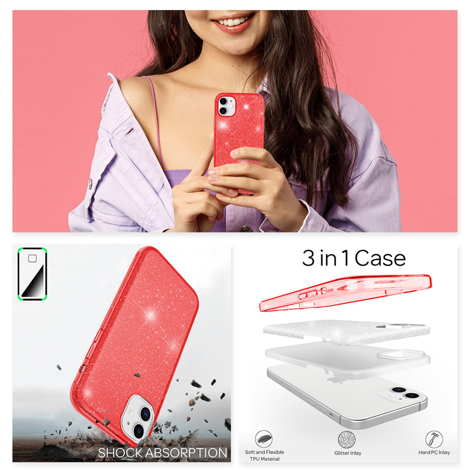 Una funda roja con purpurina con una mujer sosteniendo un teléfono.