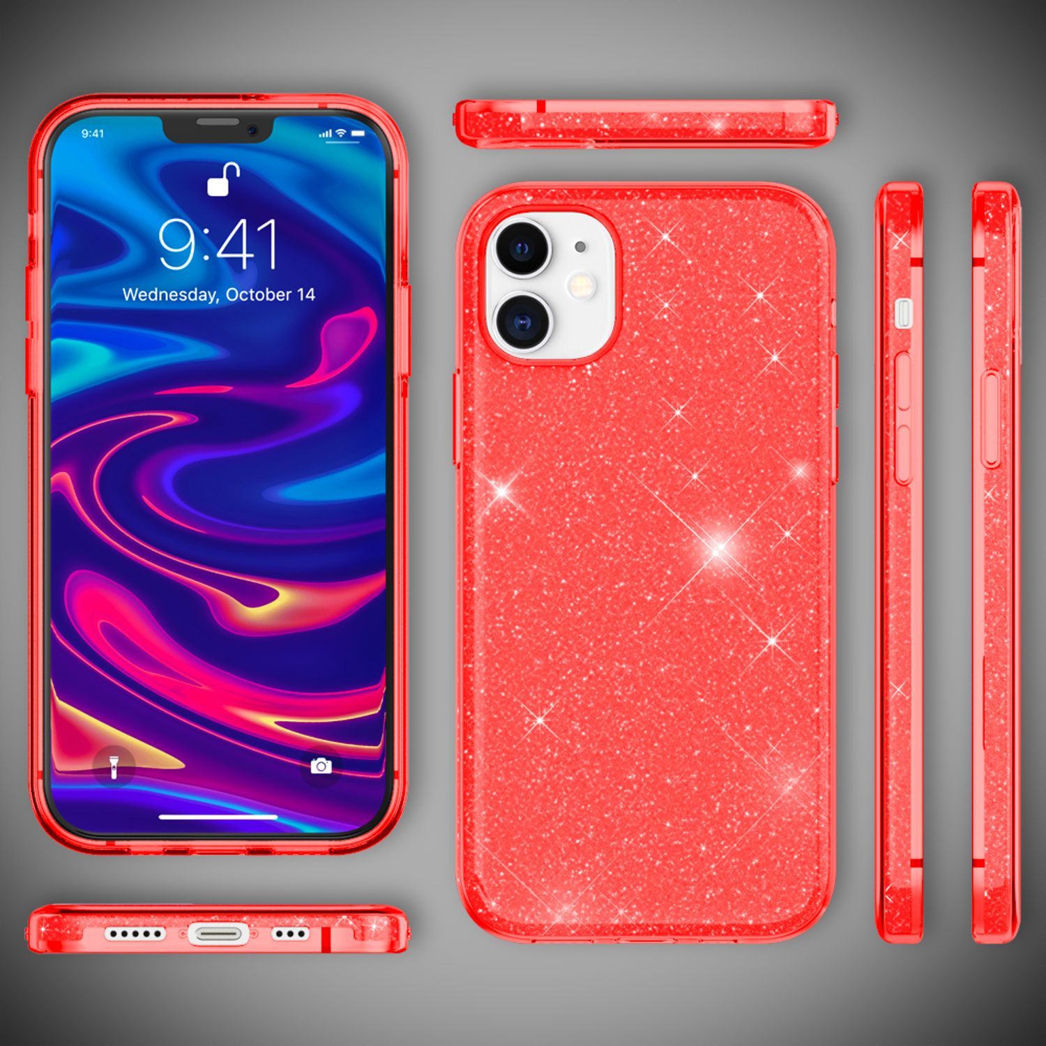 Eine rote Glitzer-Handyhülle mit einem Telefon, das den Bildschirm zeigt, und verschiedenen Ansichten.