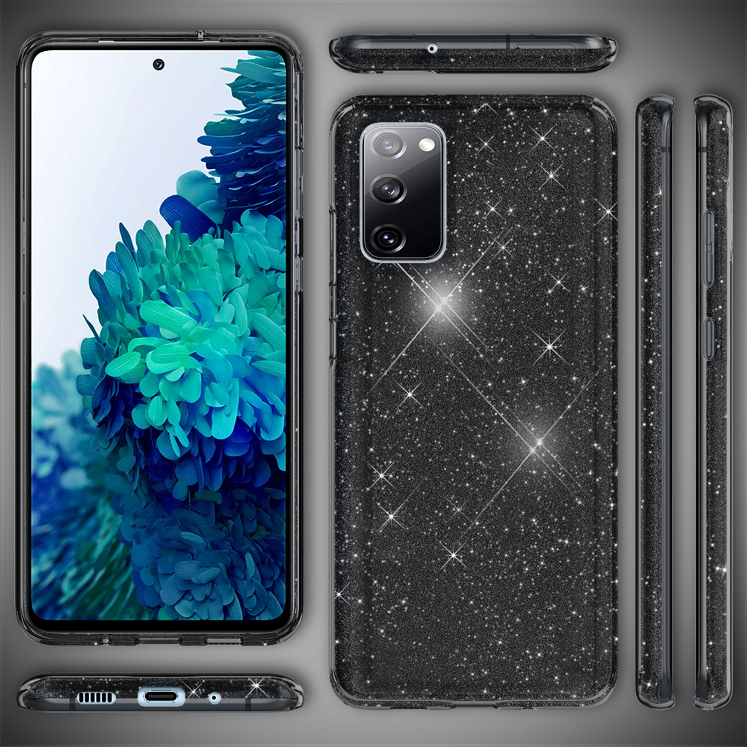 Eine schwarze Glitzer-Handyhülle mit Telefon und mehreren Ansichten.