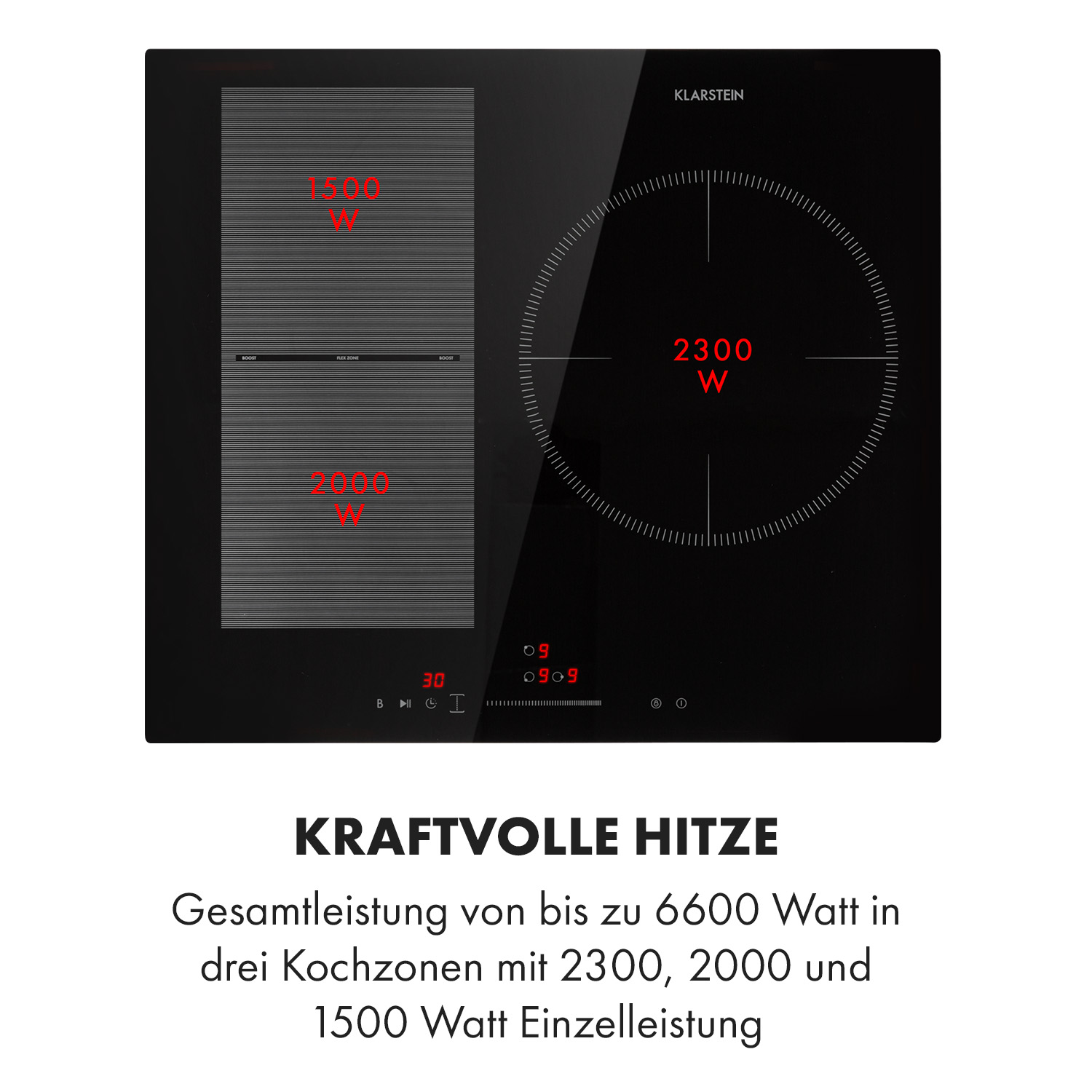 Placa de inducción negra con números de potencia rojos y ajustes de potencia.