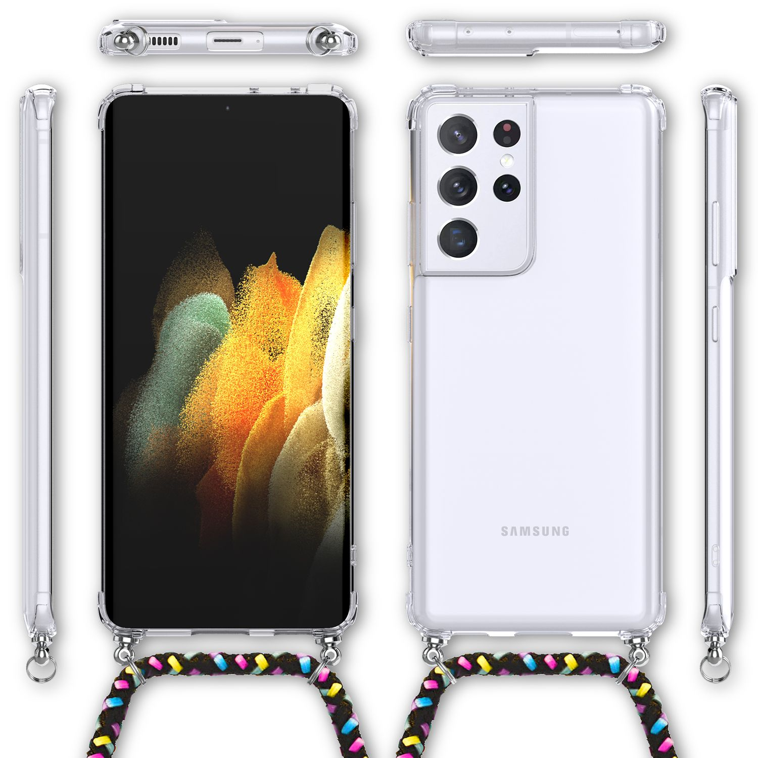 Smartphone in einer transparenten Hülle mit farbigem geflochtenem Riemen.