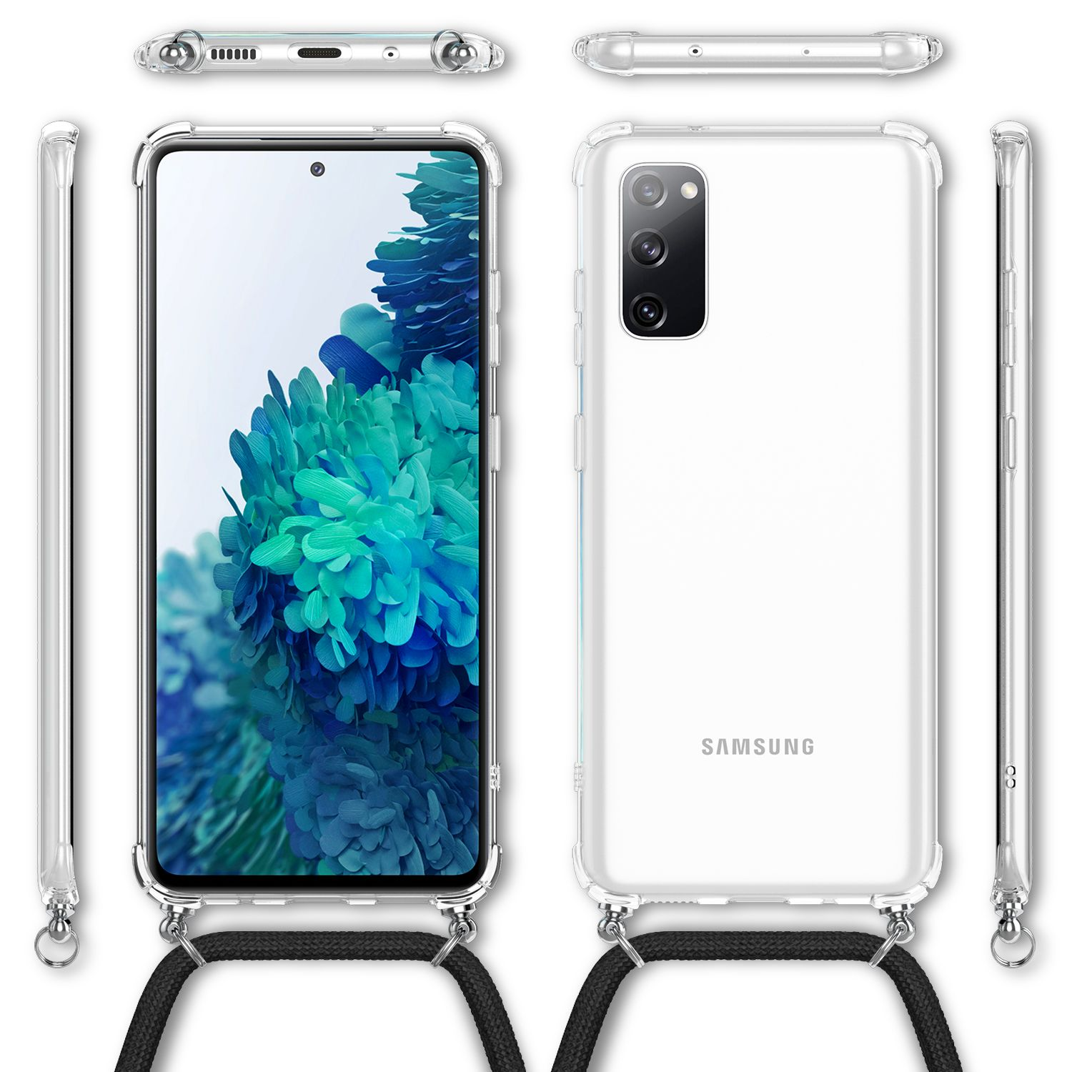 Eine Handyhülle mit Riemen, zeigt das Telefon und seine Seitenansichten.
