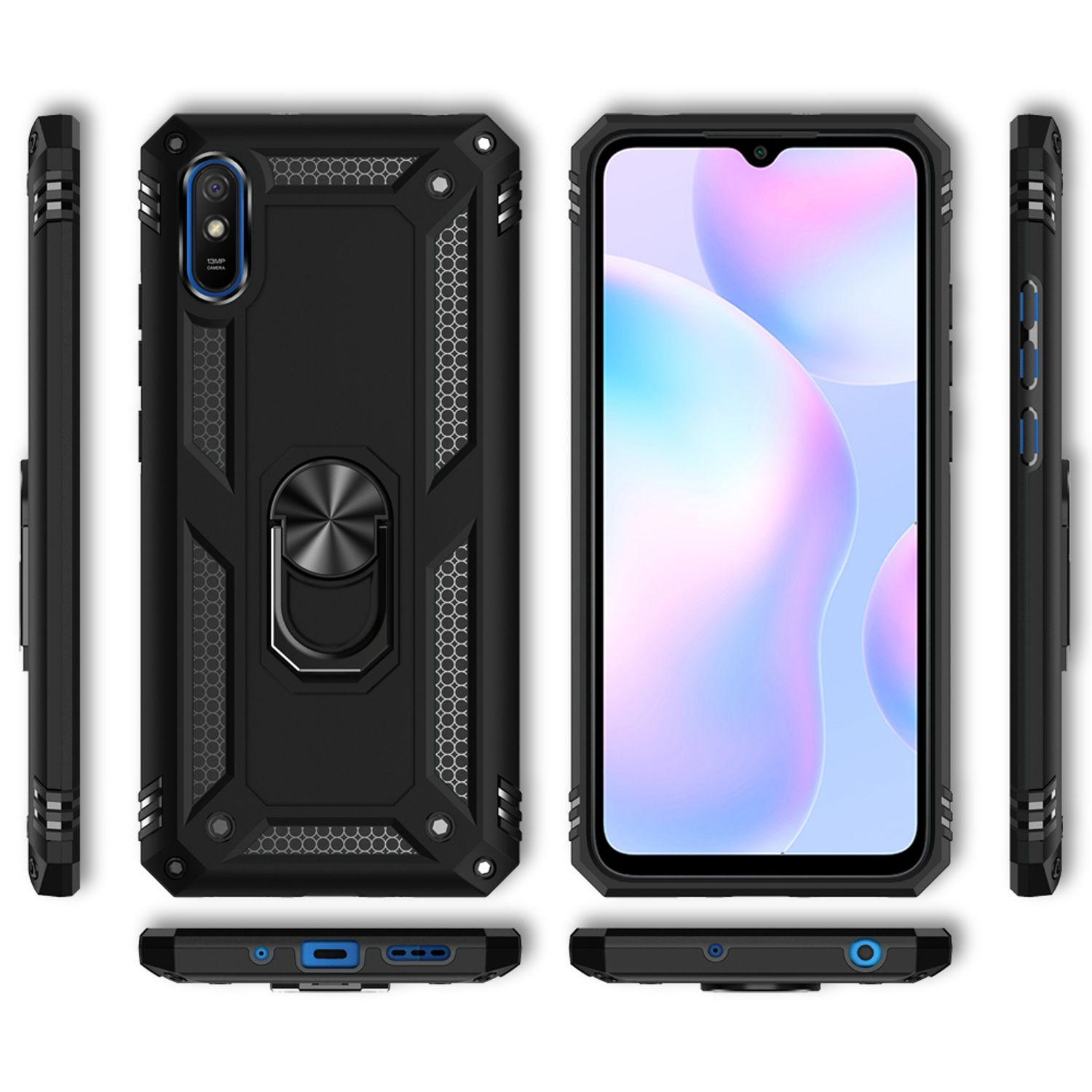 Schwarze Handyhülle mit Ringhalter und robustem Design. Zeigt das Telefon und seine Seiten.