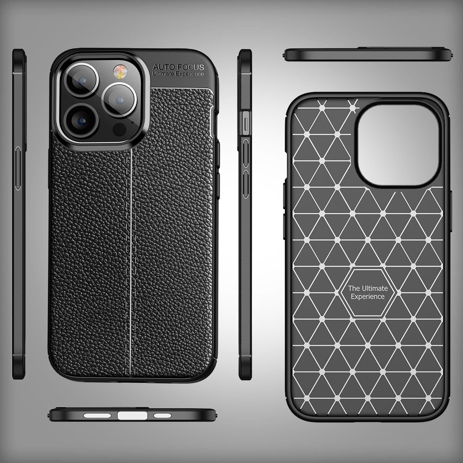 Schwarze Handyhülle mit geometrischem Design, zeigt das Telefon und seine Seiten.