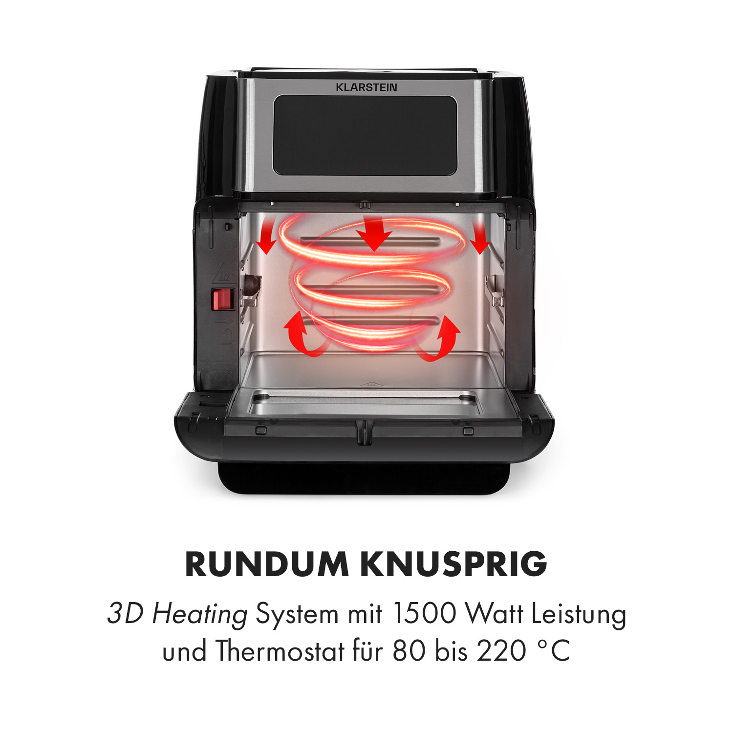 Una friggitrice ad aria, aperta con grafica del sistema di riscaldamento 3D e testo Rundum Knusprig.