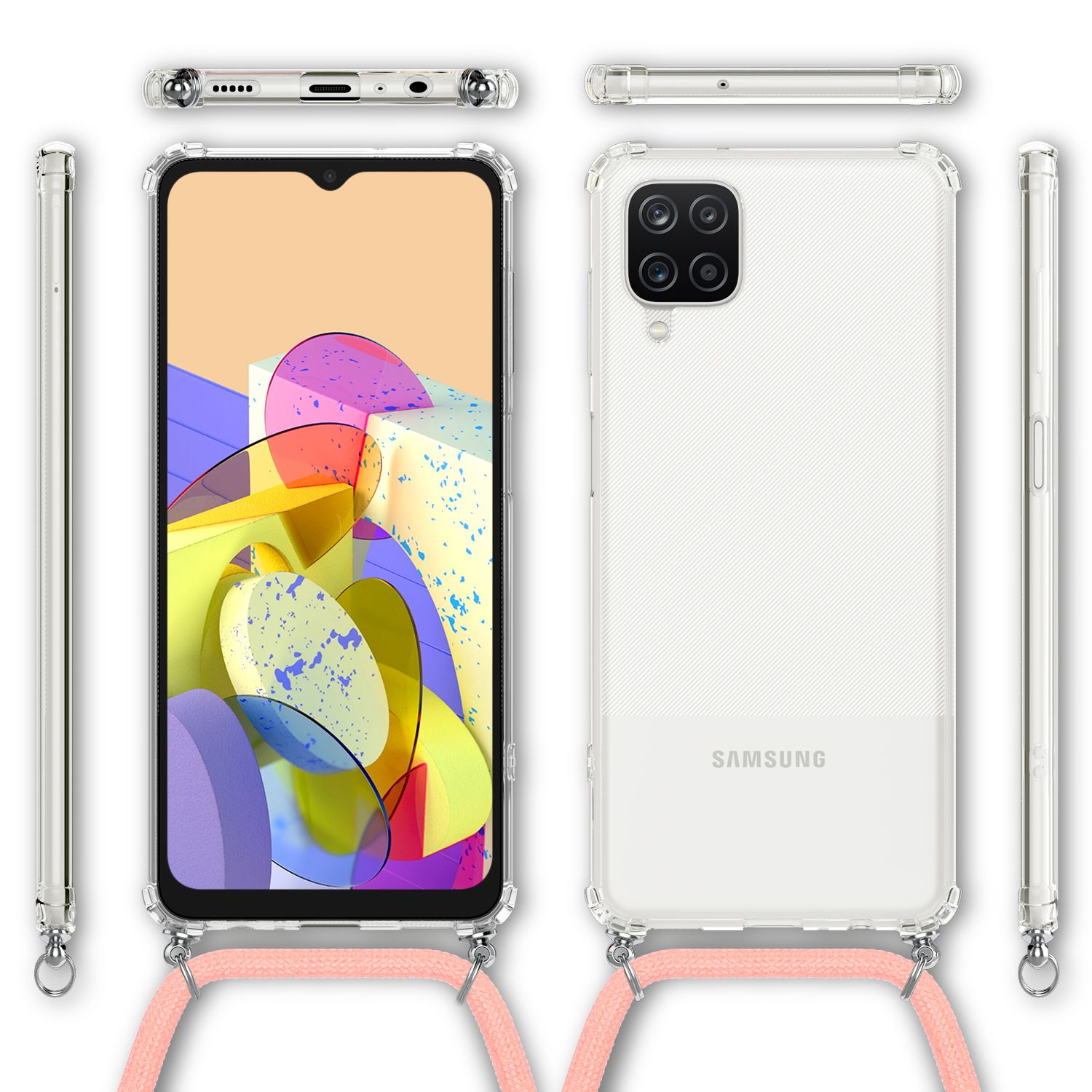 Transparente Handyhülle mit Band. Mehrere Ansichten zeigen das Telefon darin.